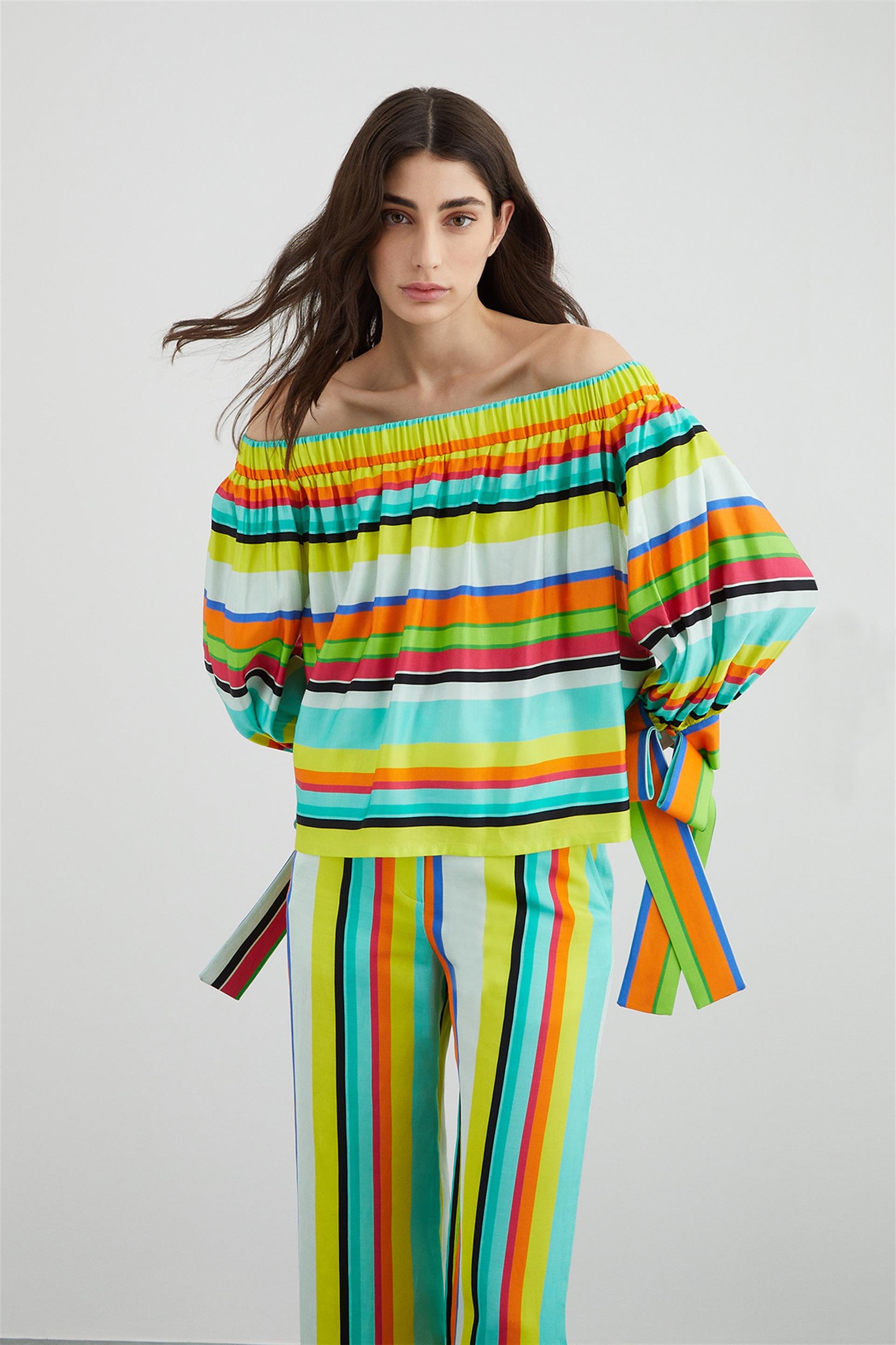 Striped Blouse with Boat Collar Cuff Detail