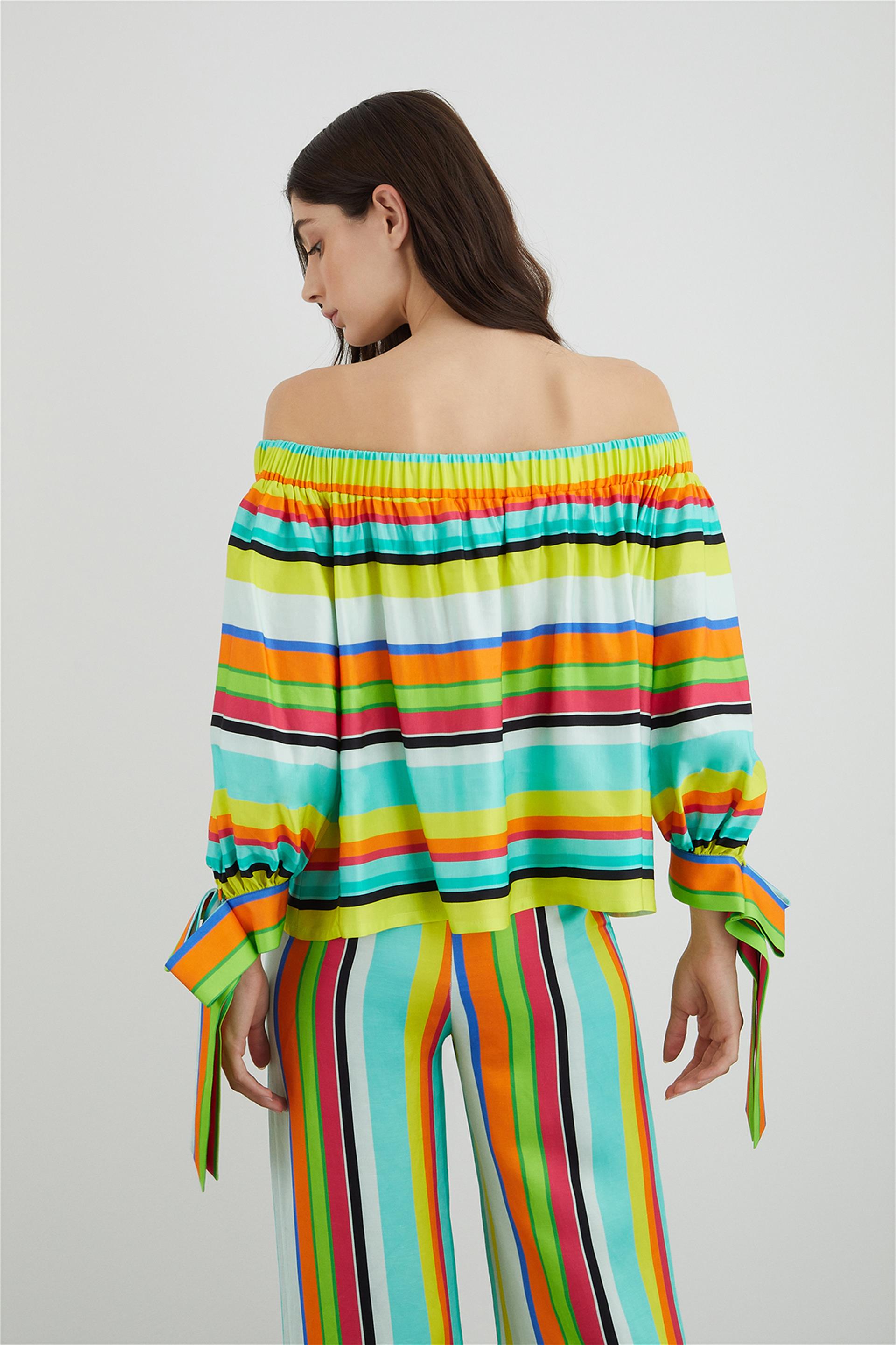 Striped Blouse with Boat Collar Cuff Detail