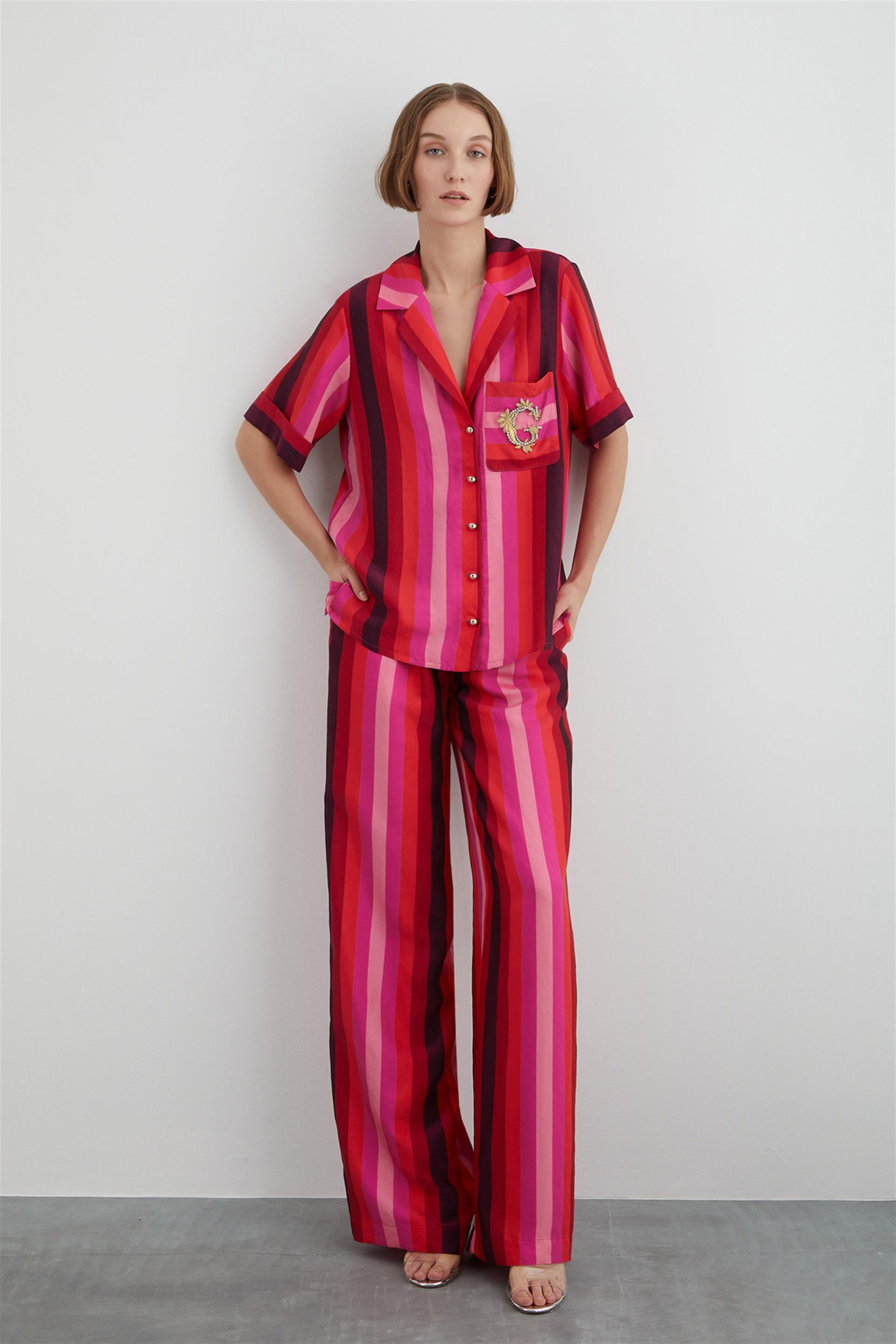 Striped Fuchsia Shirt With Embroidered Embroidery Detail On The Pocket