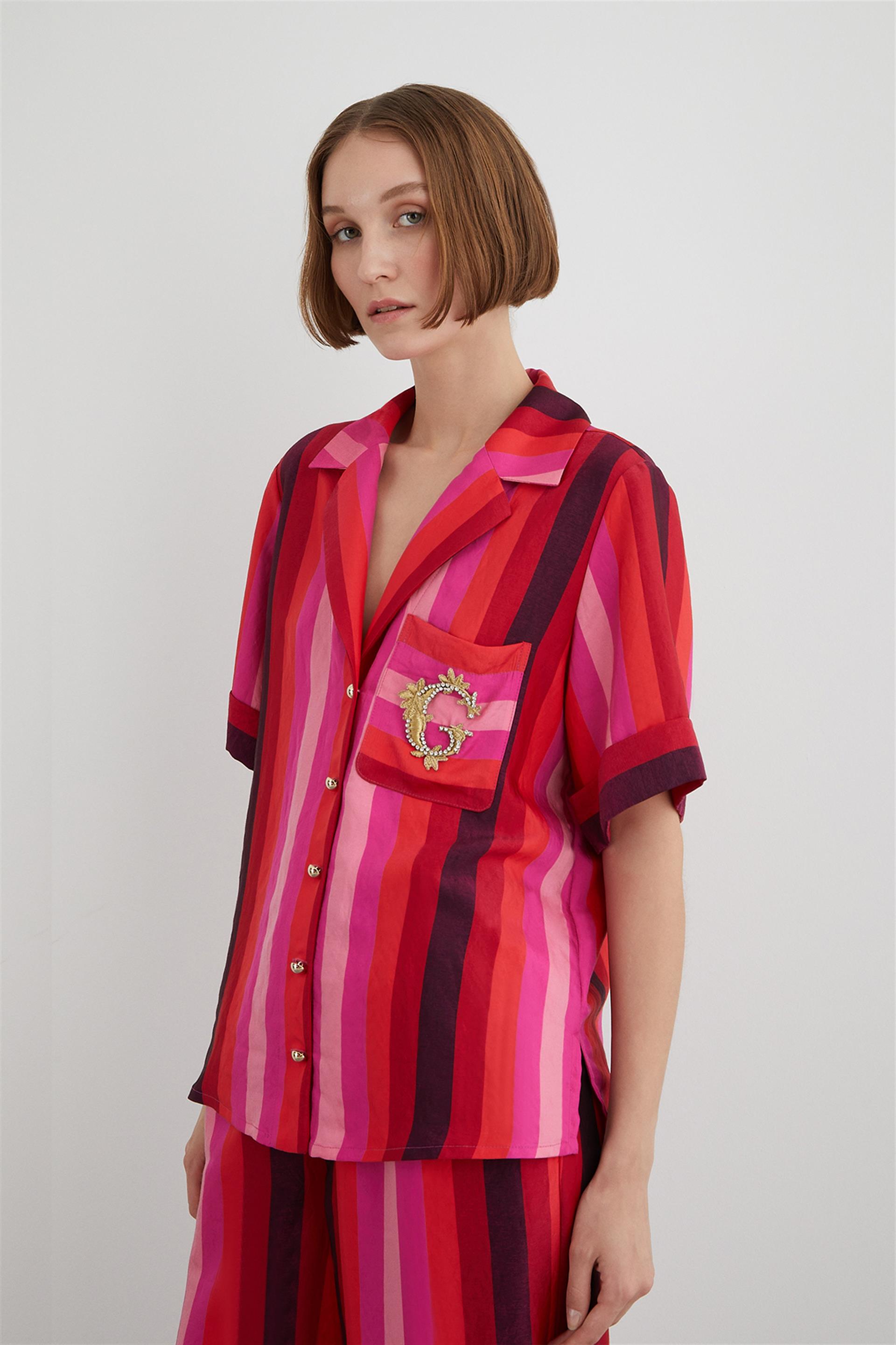 Striped Fuchsia Shirt With Embroidered Embroidery Detail On The Pocket