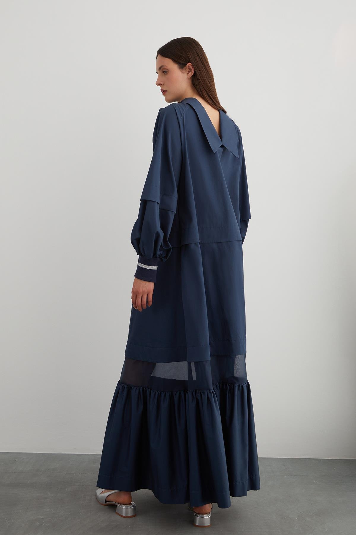 Stone Embellished Detail Back Neck Decollete Organza A-Line Dress