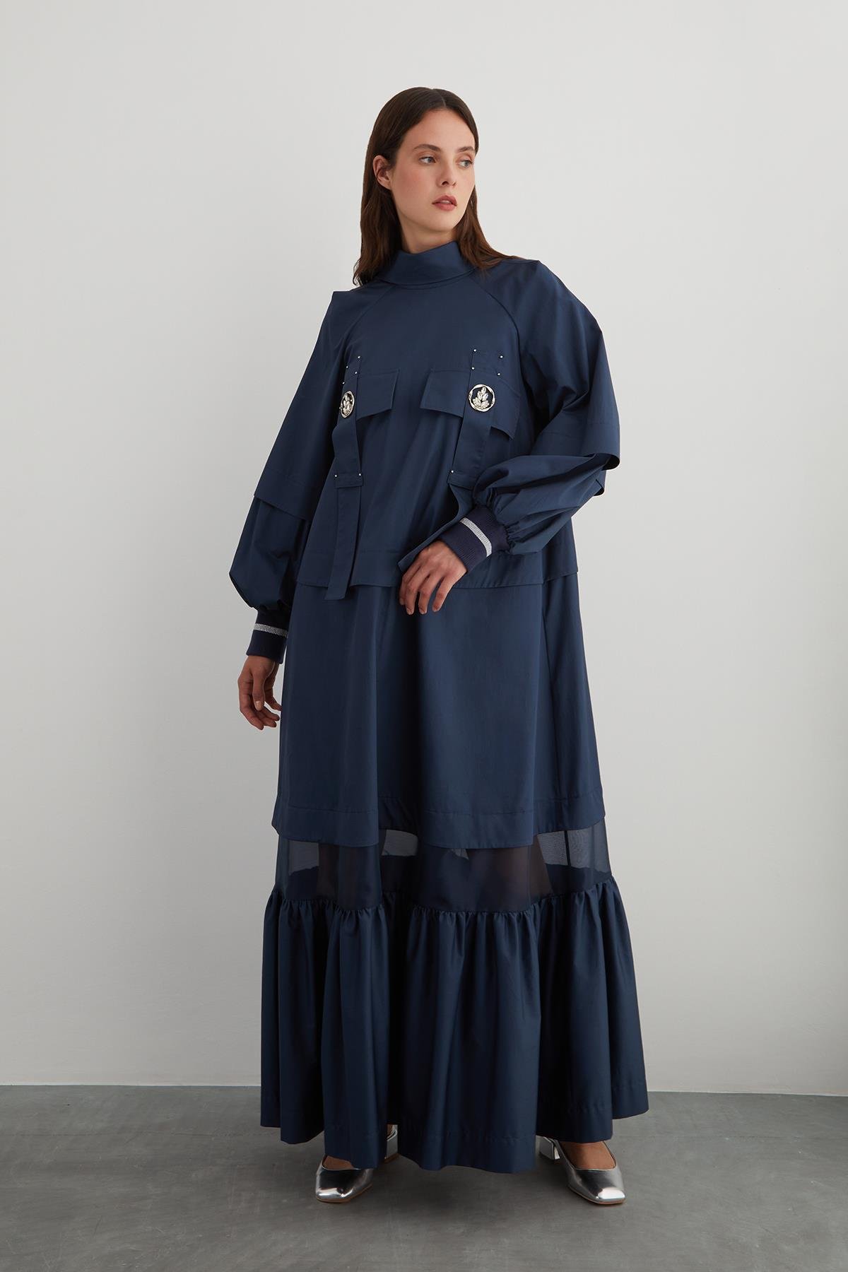 Stone Embellished Detail Back Neck Decollete Organza A-Line Dress