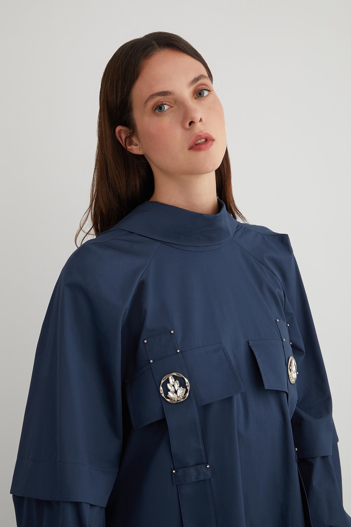 Stone Embellished Detail Back Neck Decollete Organza A-Line Dress