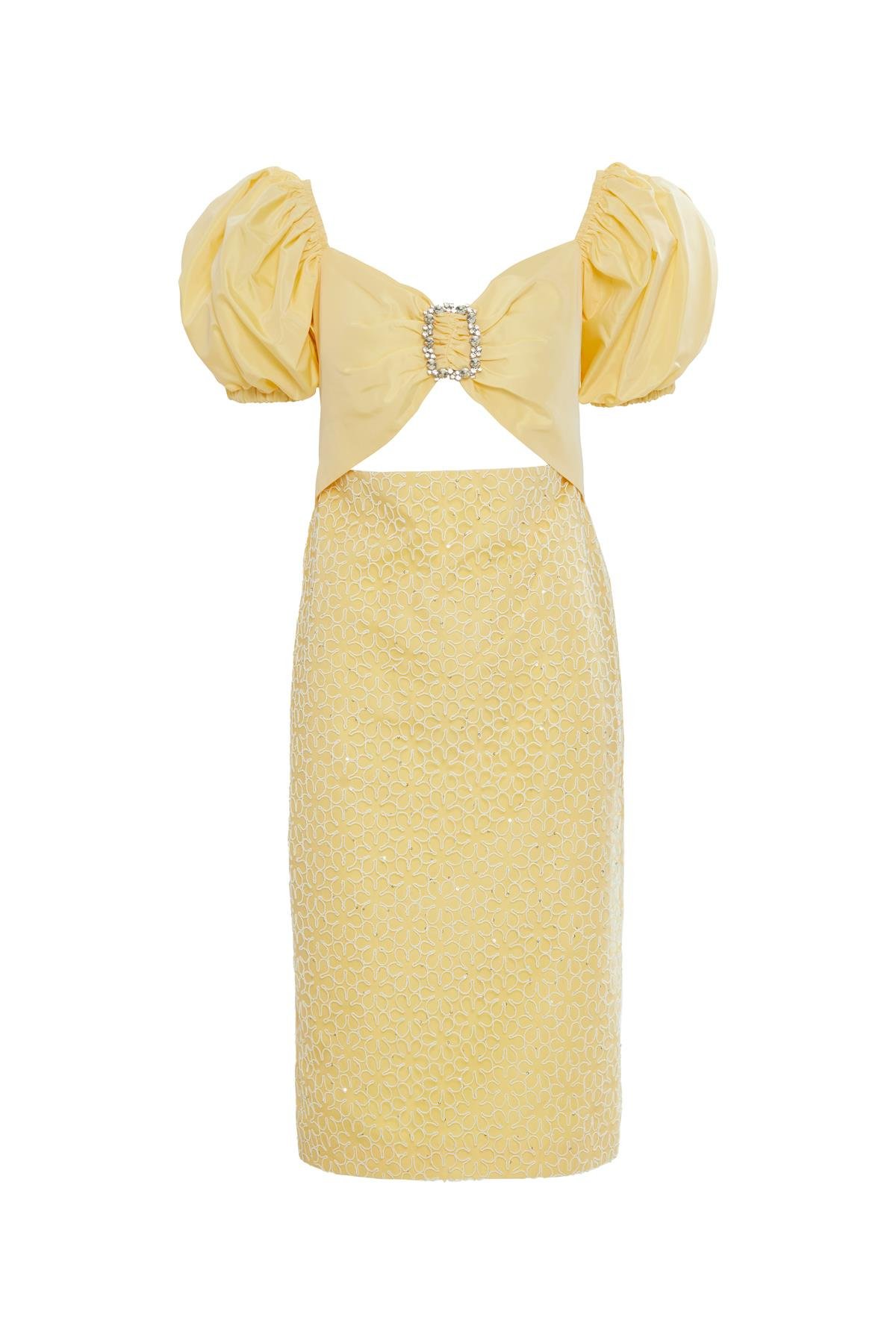 Taşlı Tokalı Balon Kollu Midi Abiye Elbise