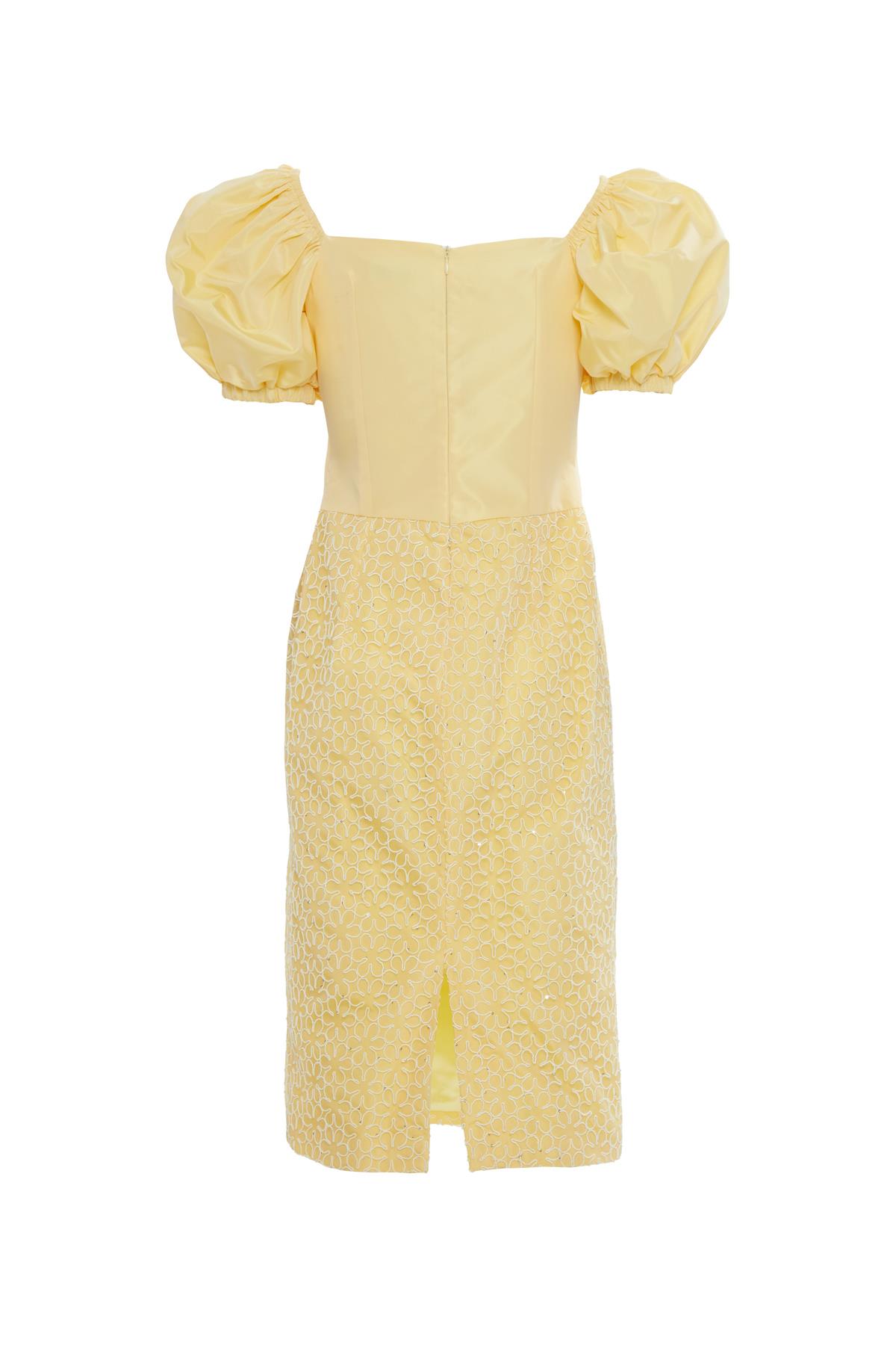 Taşlı Tokalı Balon Kollu Midi Abiye Elbise