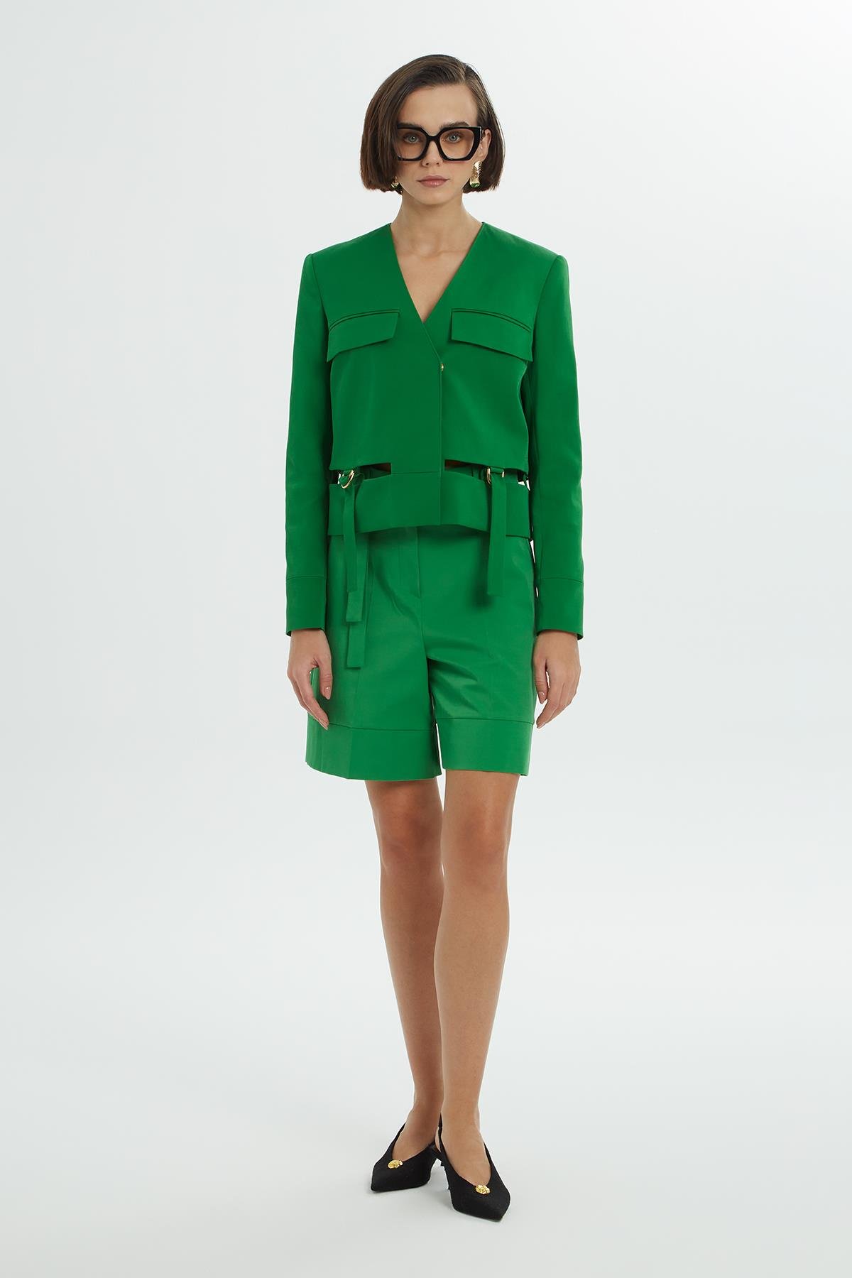 Toka Detaylı Uzun Kollu Astarlı Yeşil Ceket