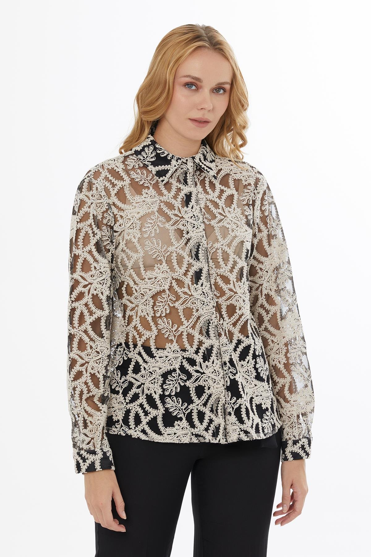 Transparan Detaylı Ekru Bluz