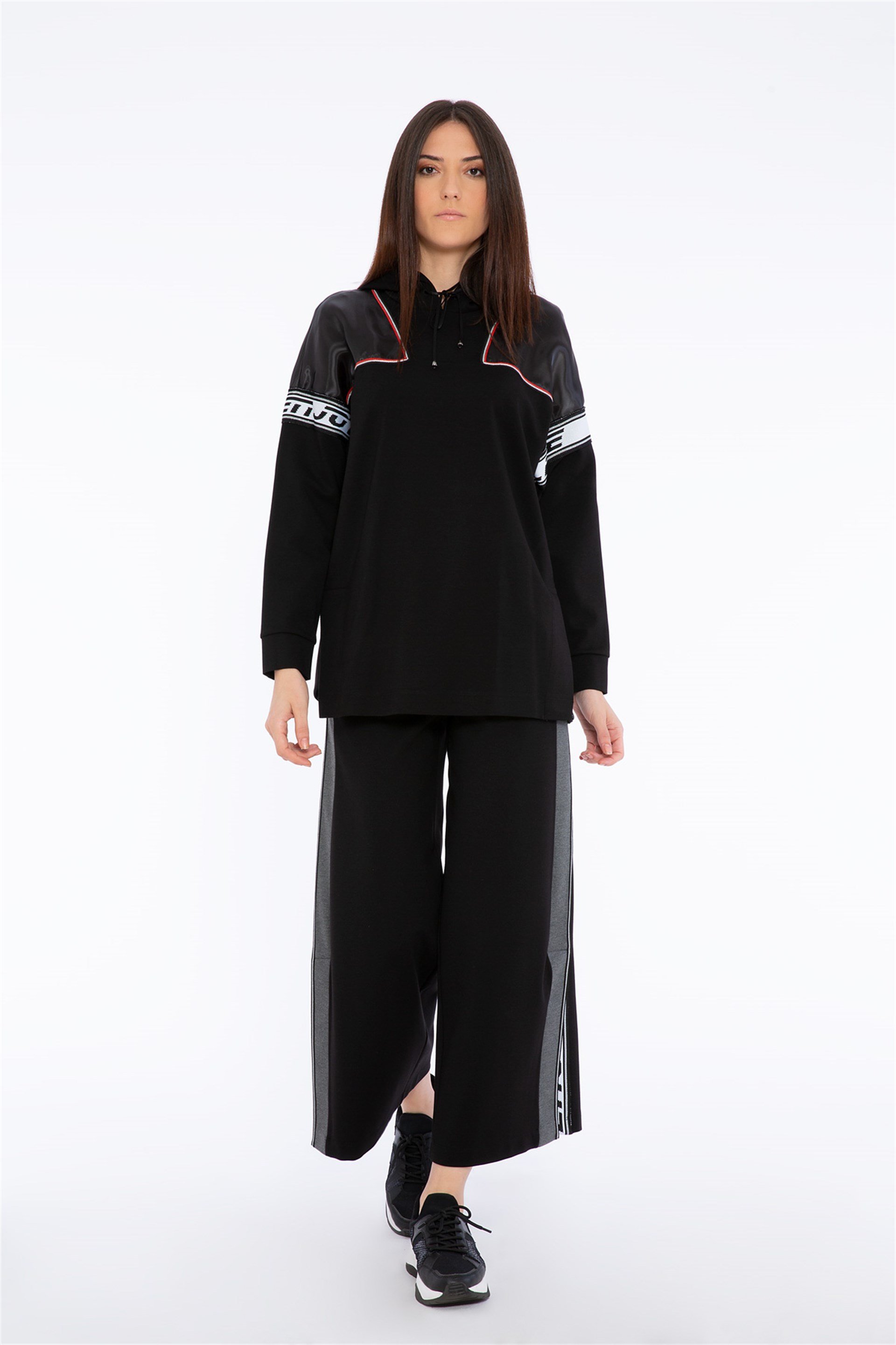 Transparan Omuz Ve Şerit Detaylı Siyah Kapüşonlu Sweatshirt