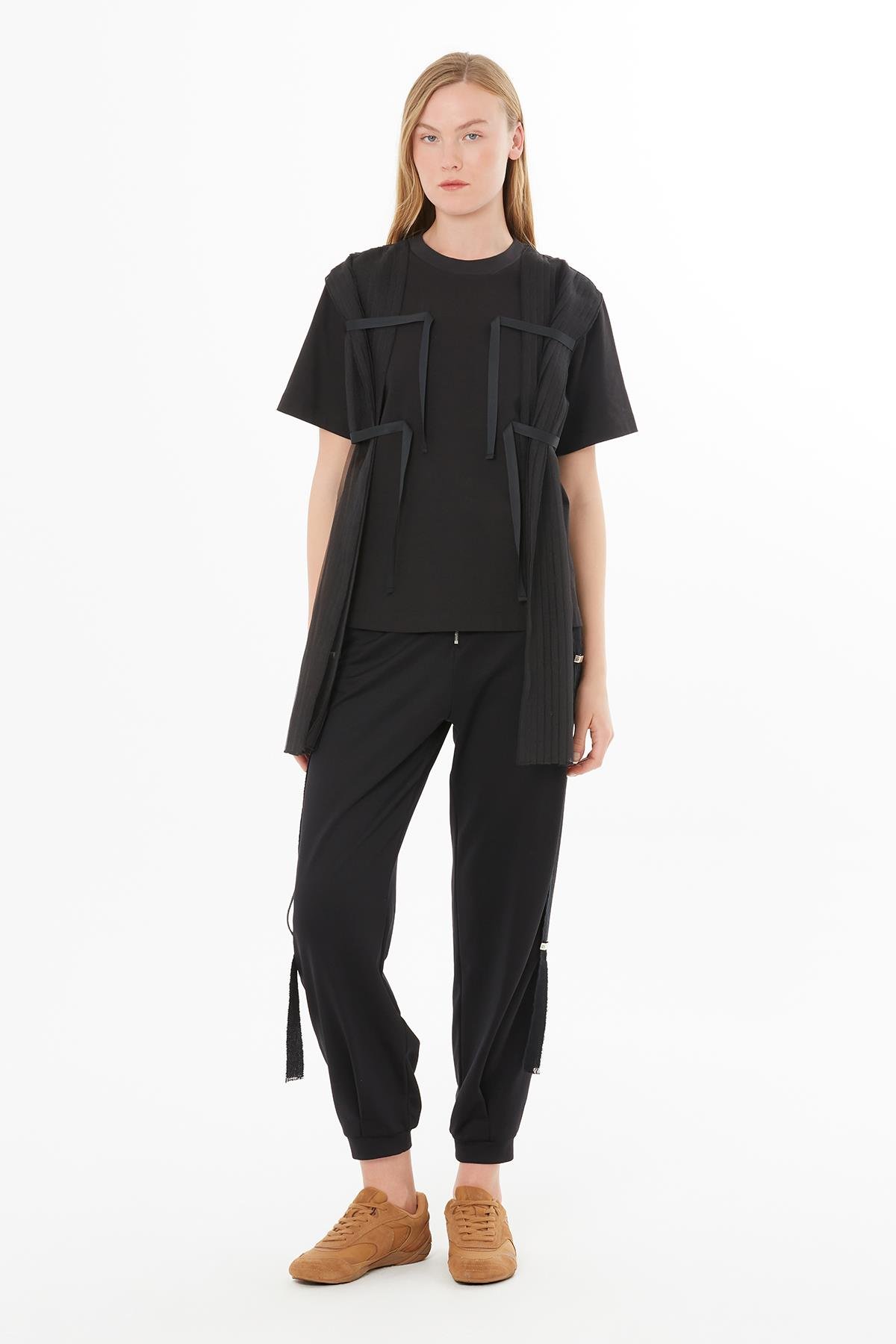 Black T-Shirt with Sheer Pleated Detail