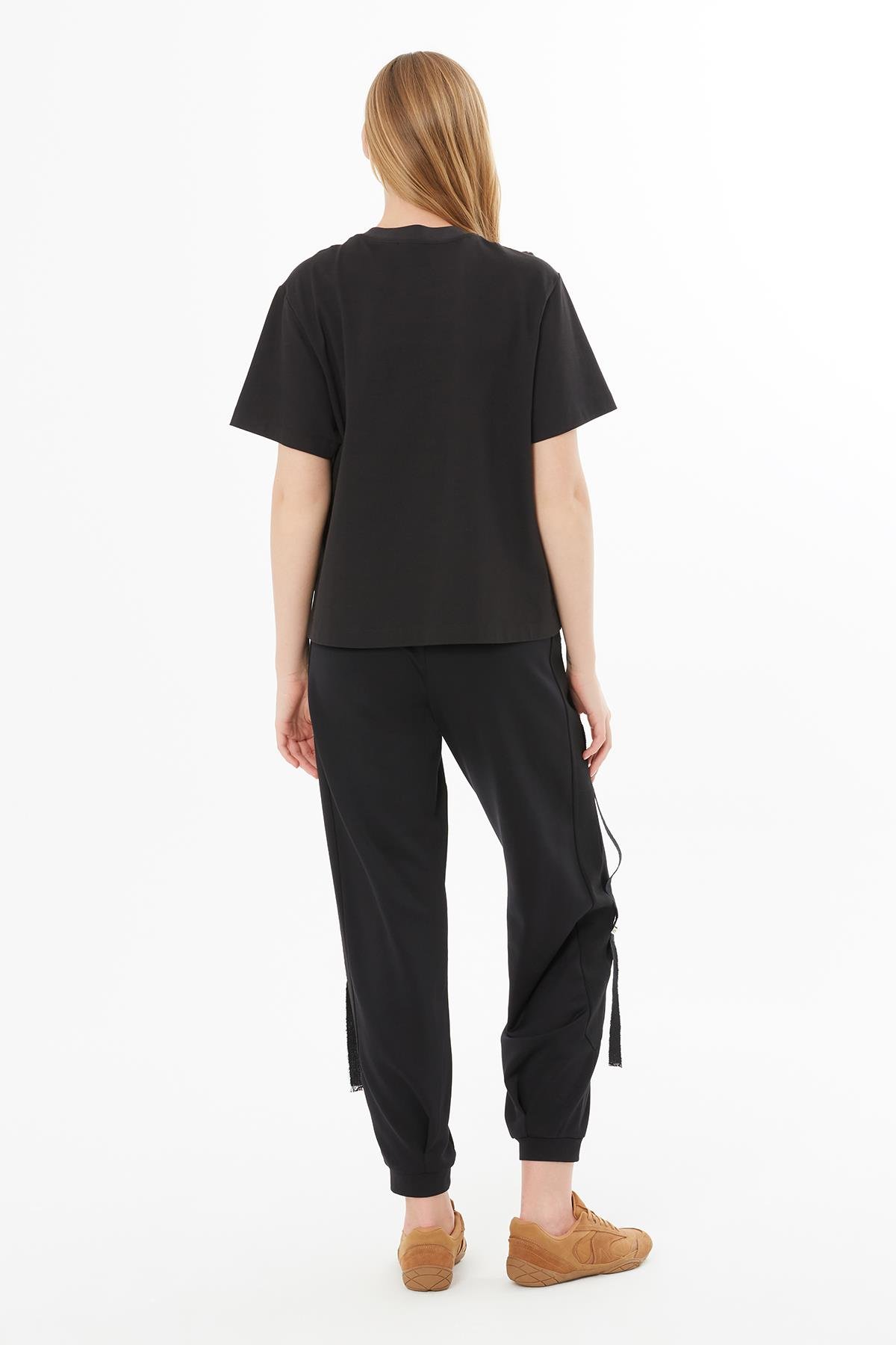 Black T-Shirt with Sheer Pleated Detail