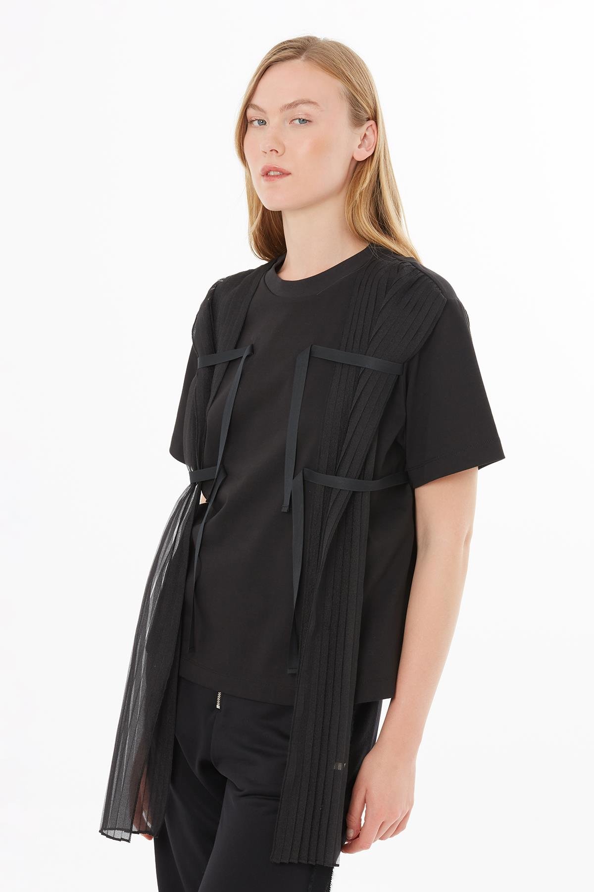 Black T-Shirt with Sheer Pleated Detail