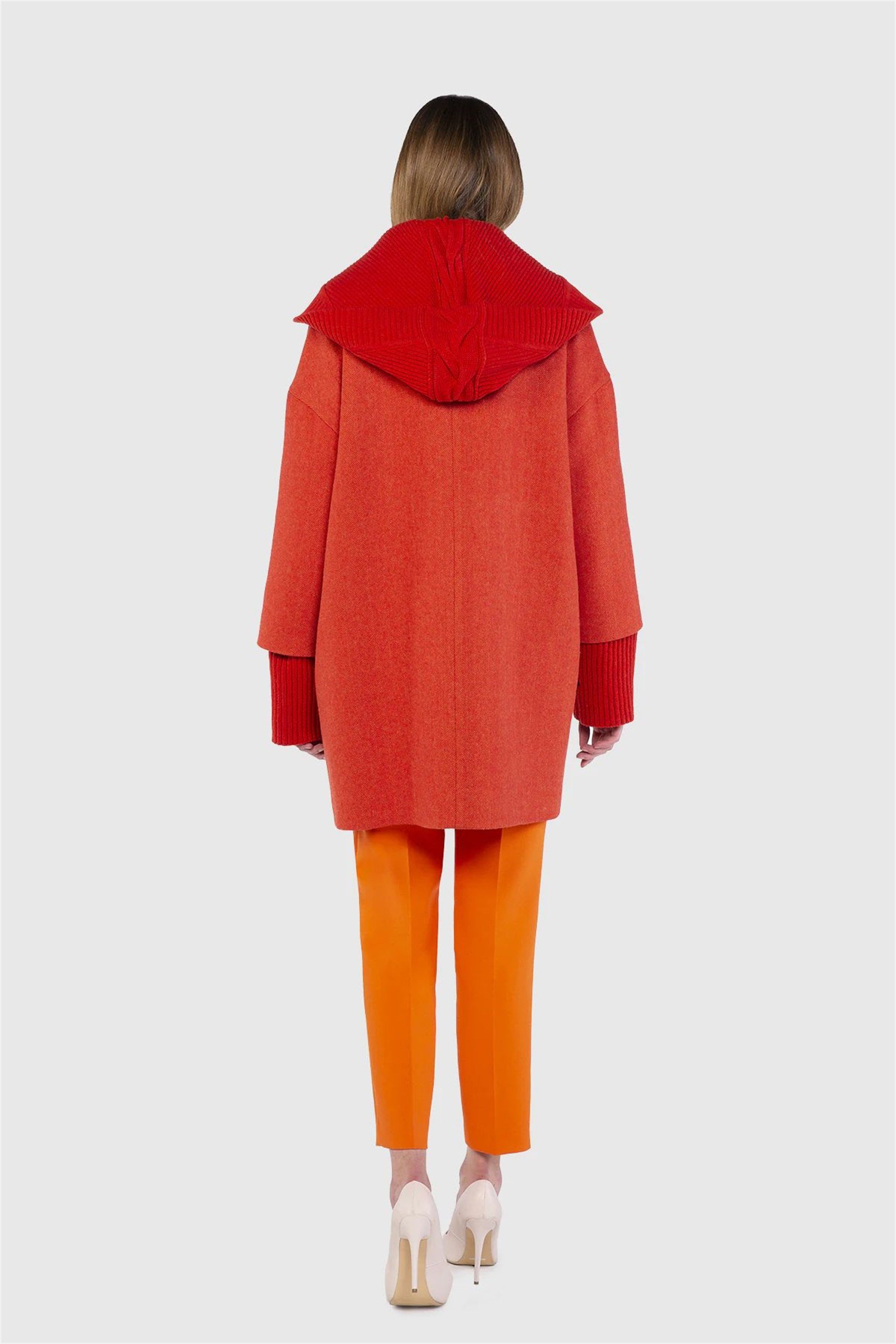 Knitwear Hooded Collar And Cuff Detailed Orange Coat