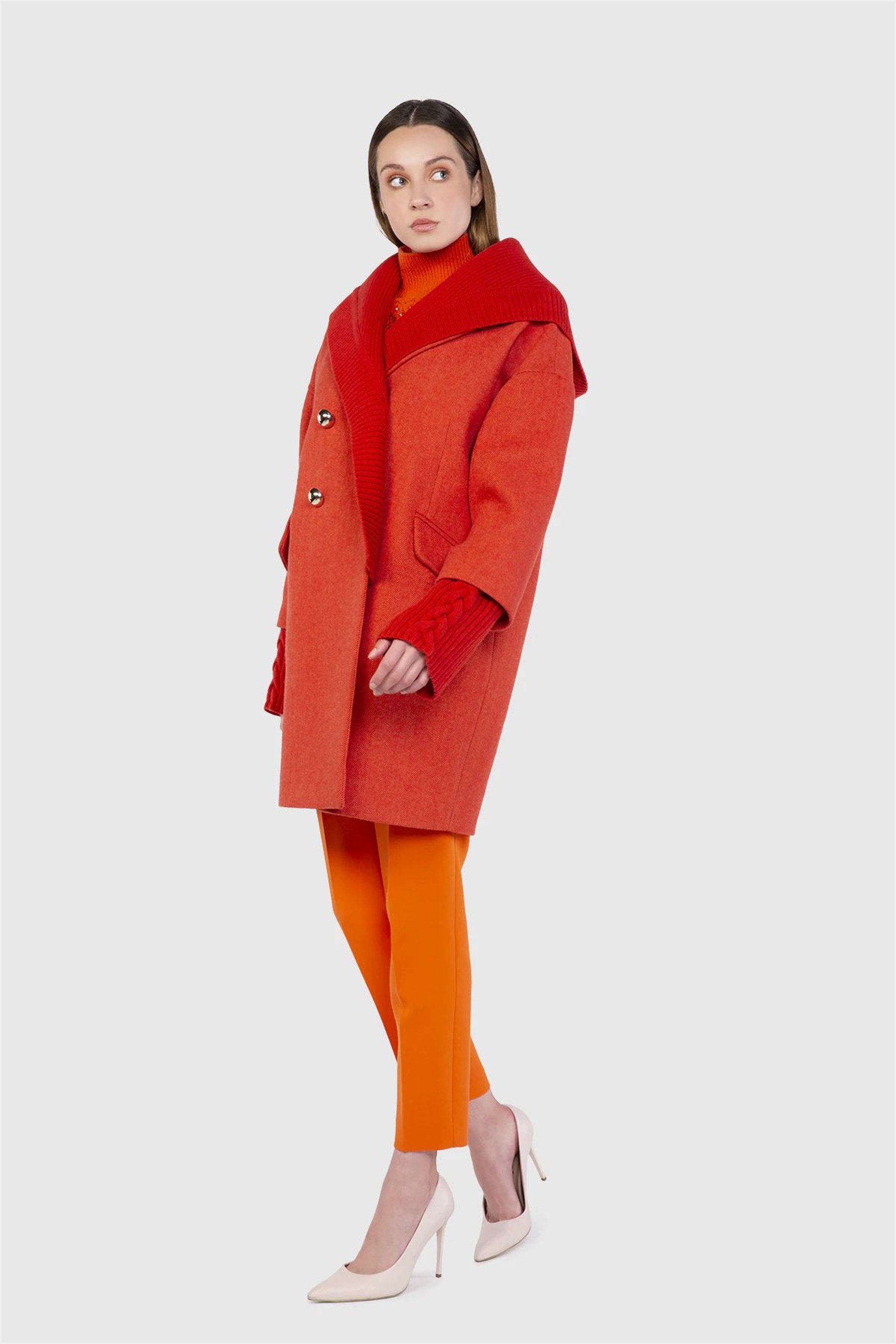 Knitwear Hooded Collar And Cuff Detailed Orange Coat
