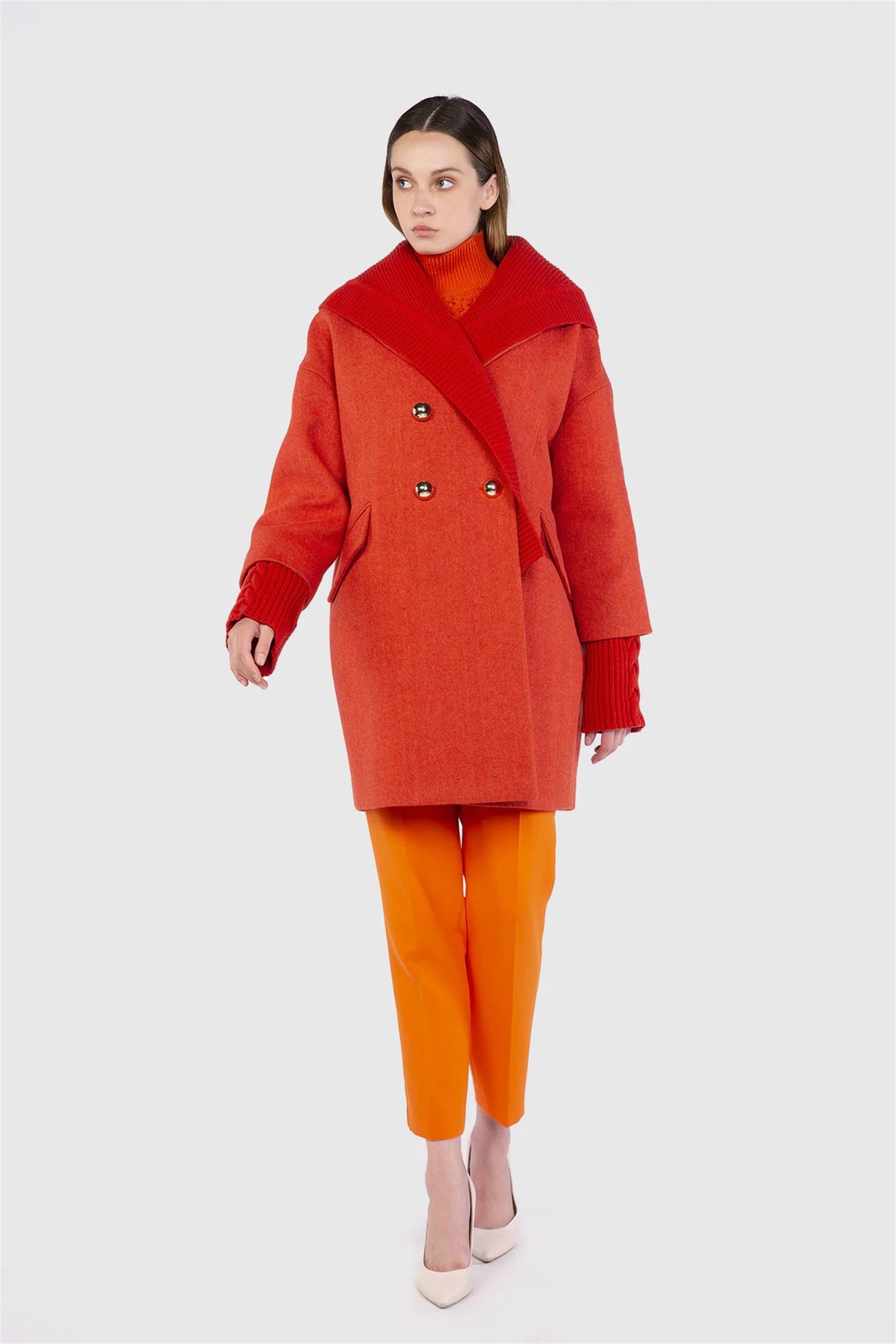 Knitwear Hooded Collar And Cuff Detailed Orange Coat