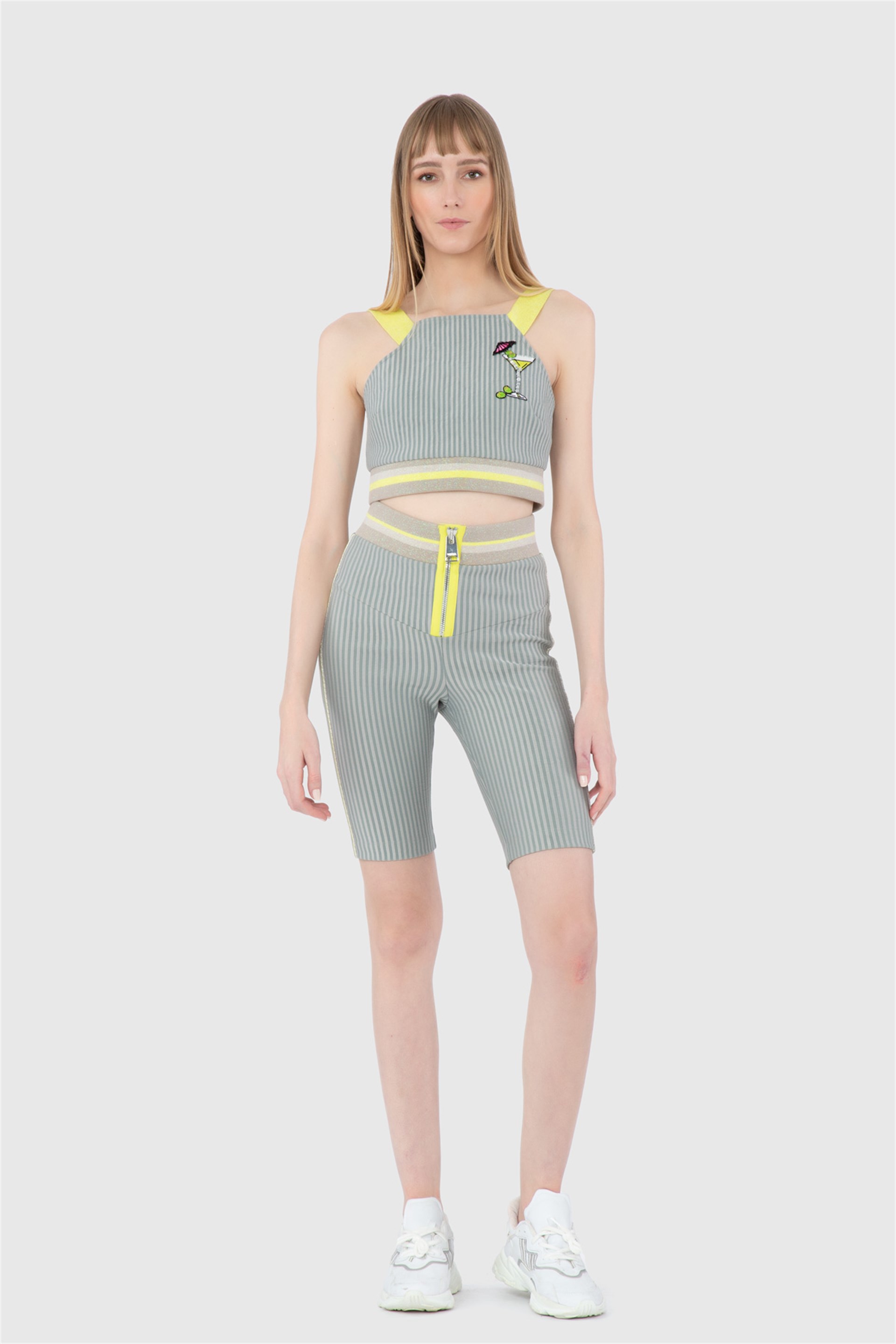 Knitwear And Zipper Detailed Striped Diving Fabric Beige Leggings