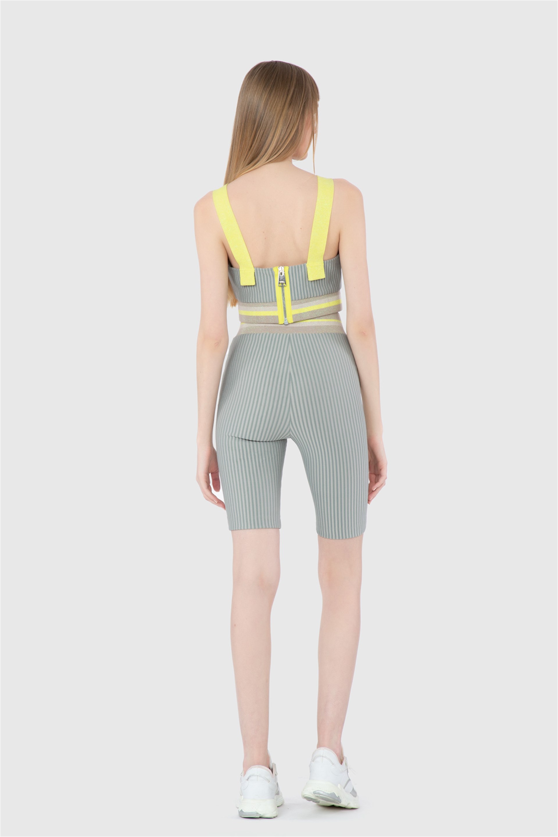 Knitwear And Zipper Detailed Striped Diving Fabric Beige Leggings