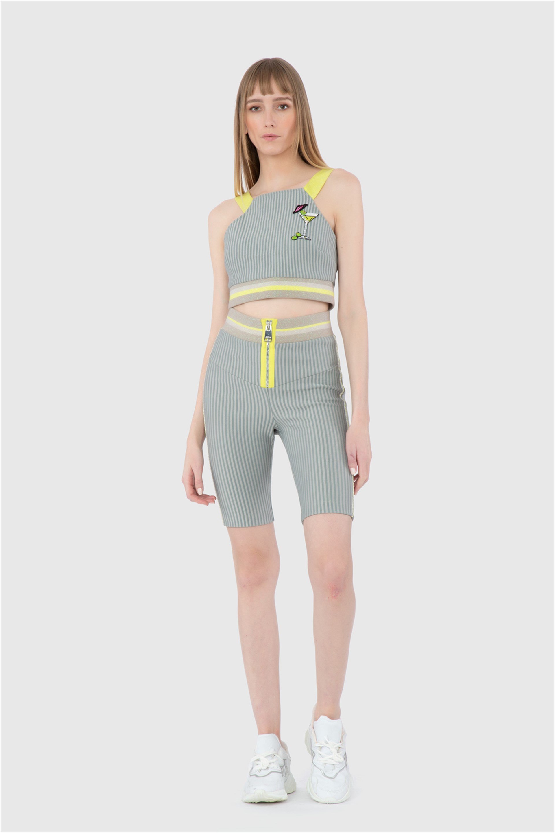 Knitwear And Zipper Detailed Striped Diving Fabric Beige Leggings