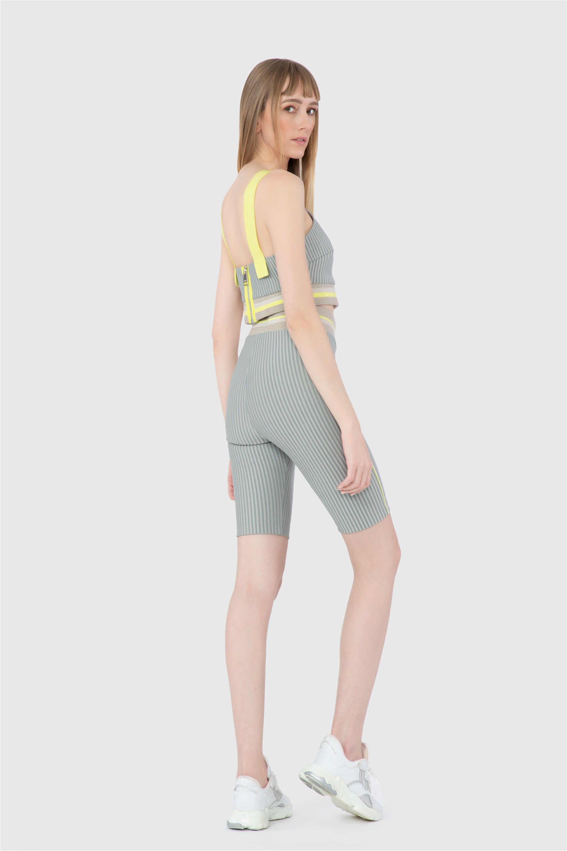 Knitwear And Zipper Detailed Striped Diving Fabric Beige Leggings