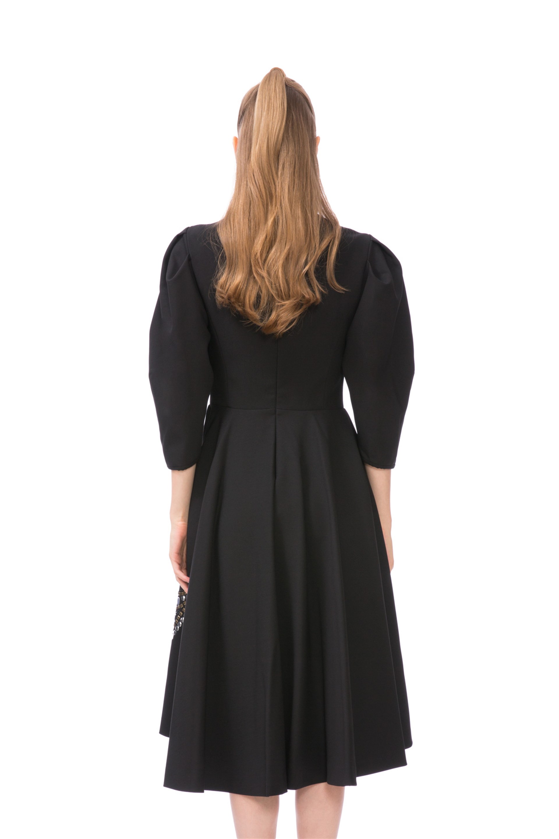 Trock Print Detailed Black Midi Dress