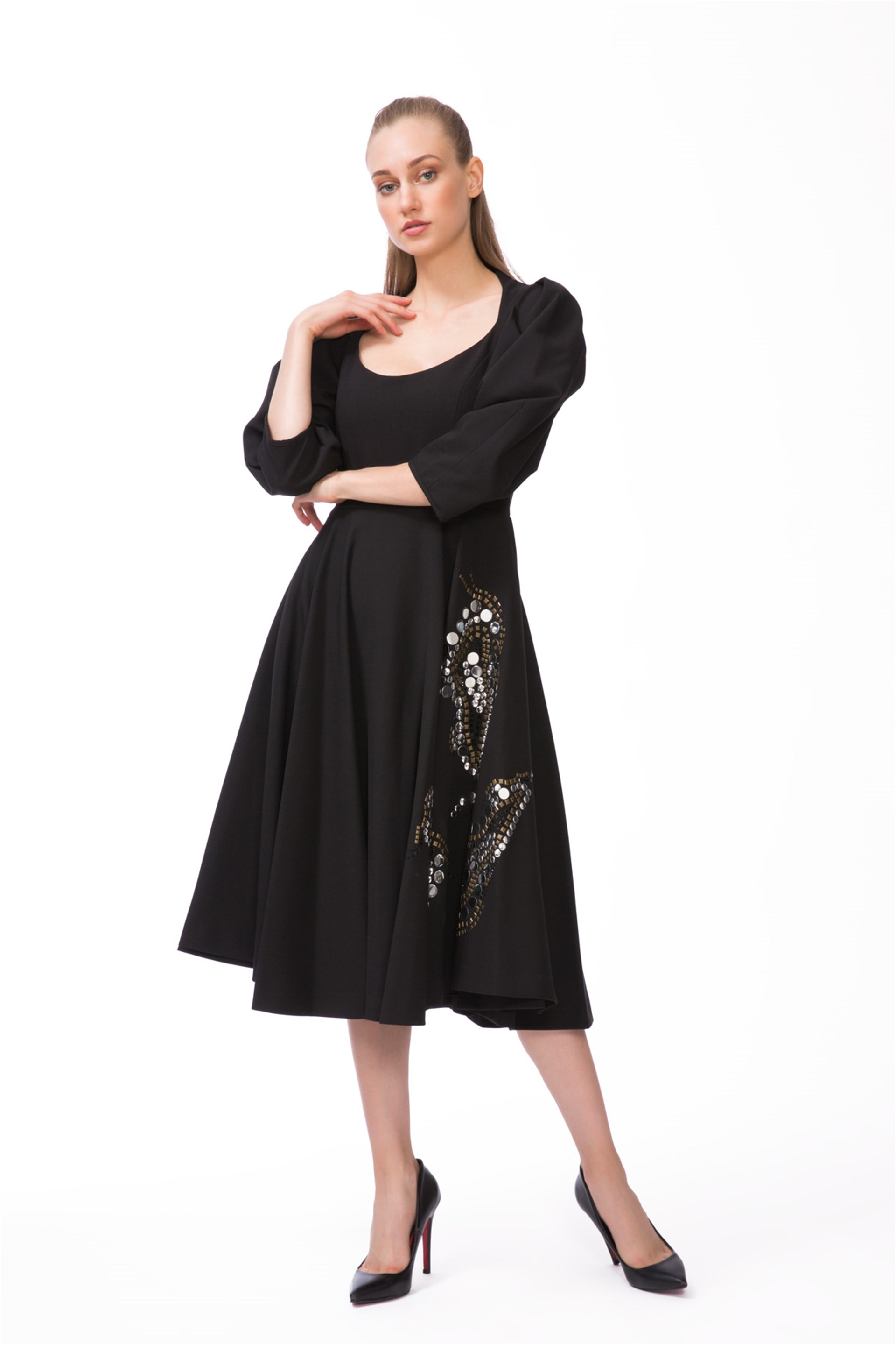 Trock Print Detailed Black Midi Dress