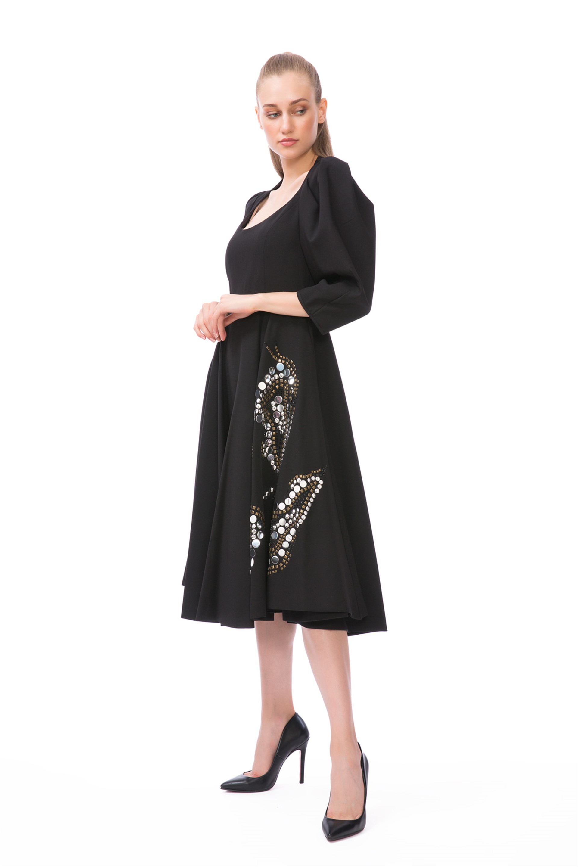 Trock Print Detailed Black Midi Dress