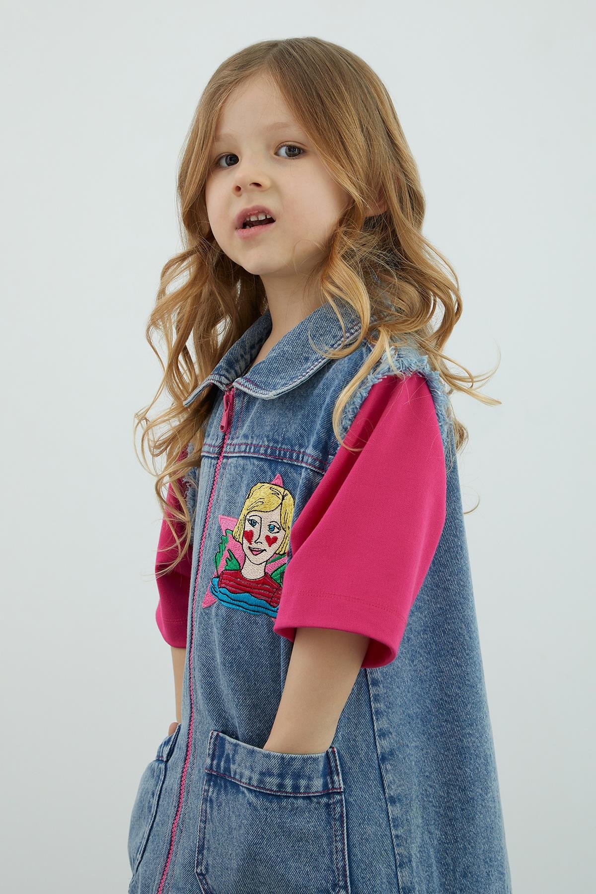 Tshirt Detaylı Jean Mavi Kız Çocuk Gömlek Elbise