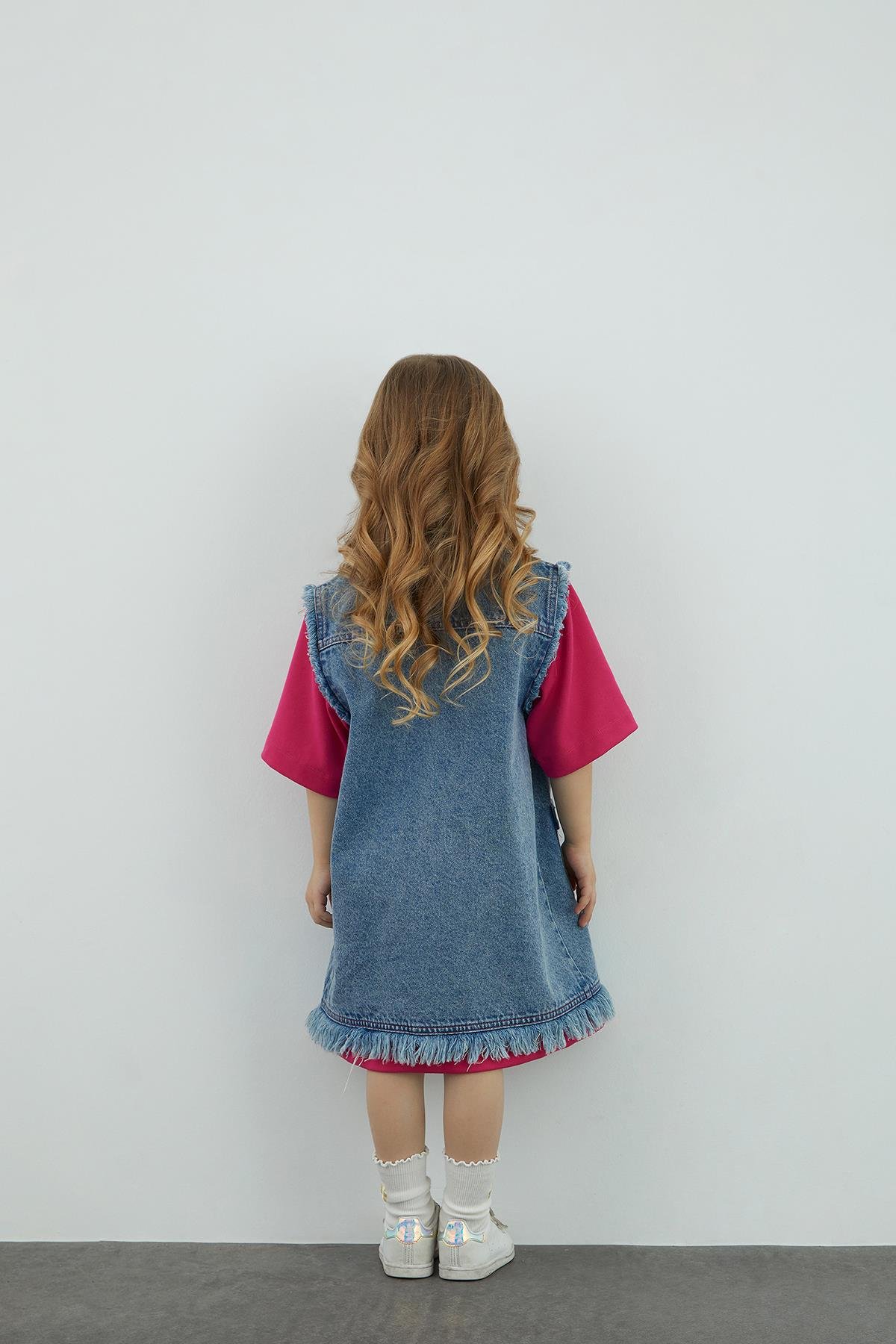 Tshirt Detaylı Jean Mavi Kız Çocuk Gömlek Elbise