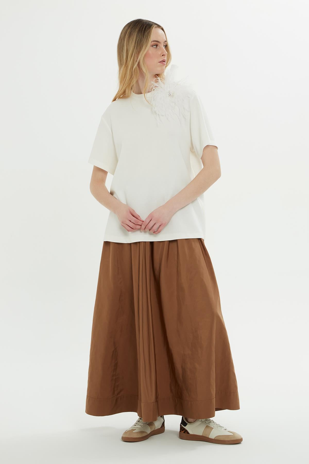 Ecru T-Shirt With Feather Embellishment