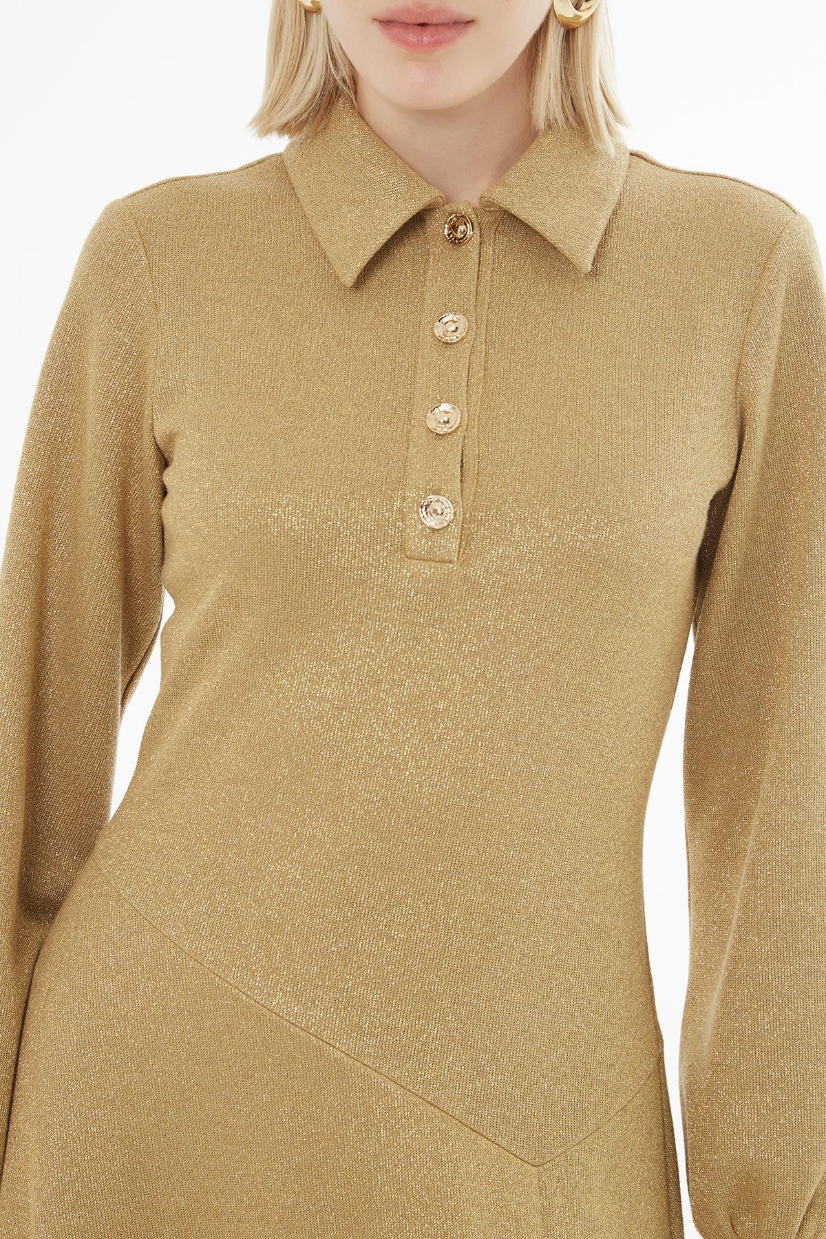 Beige Long Sleeve Midi Dress