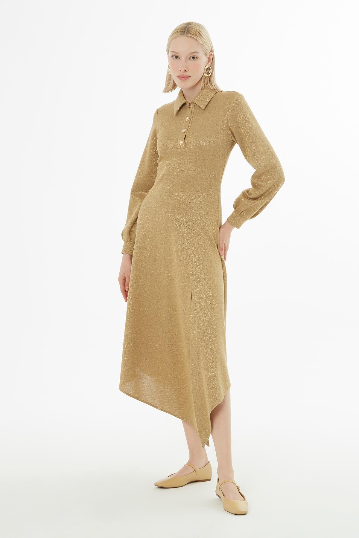 Beige Long Sleeve Midi Dress