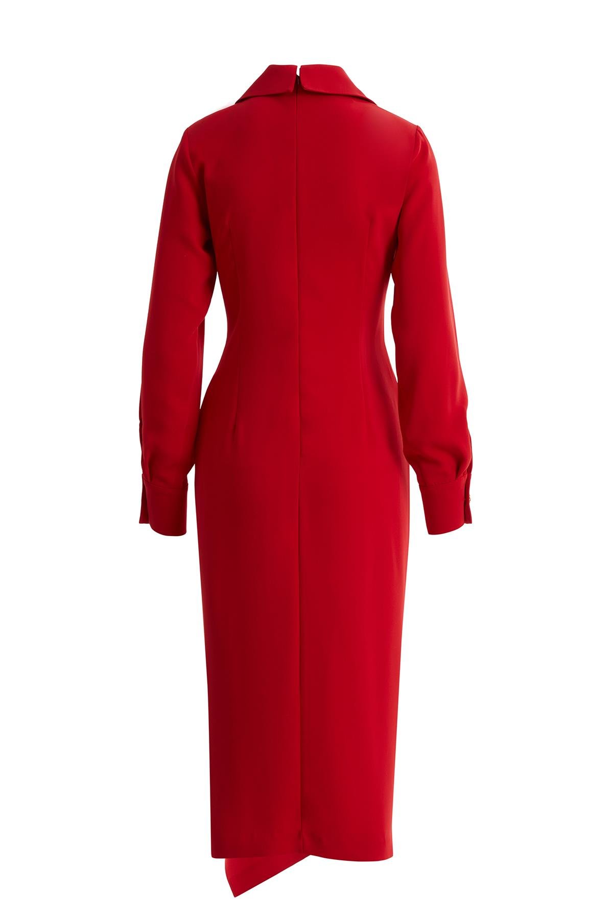 Uzun Kollu Önü Düğmeli Lacivert Uzun Elbise