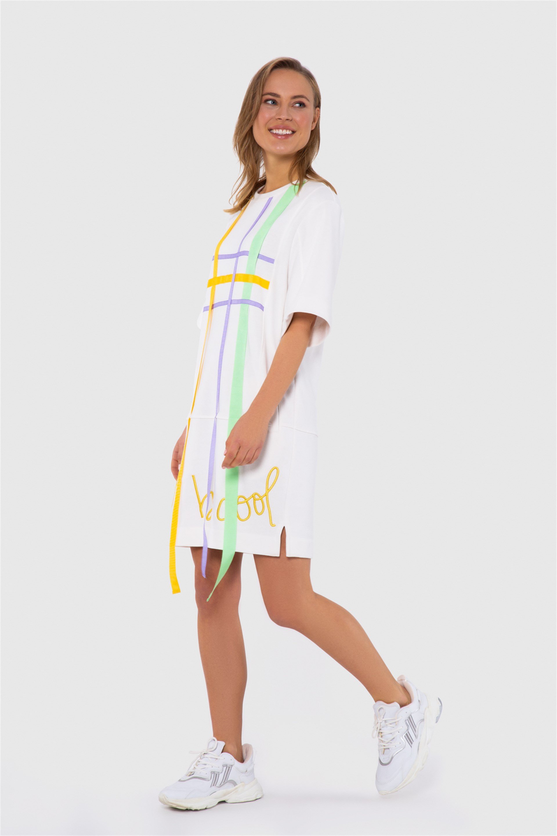 Ecru White Dress With Long Stripe And Text Detail