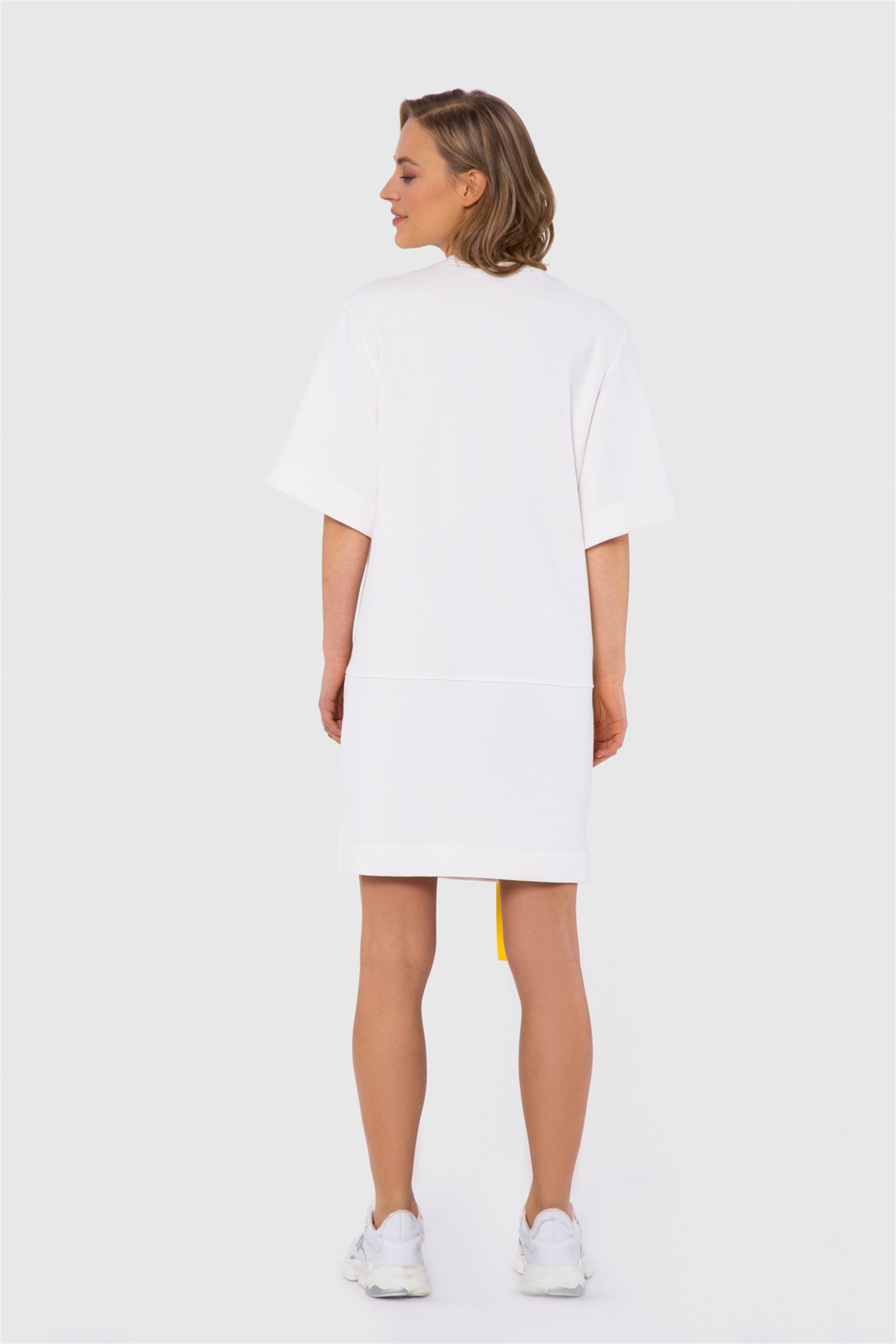 Ecru White Dress With Long Stripe And Text Detail