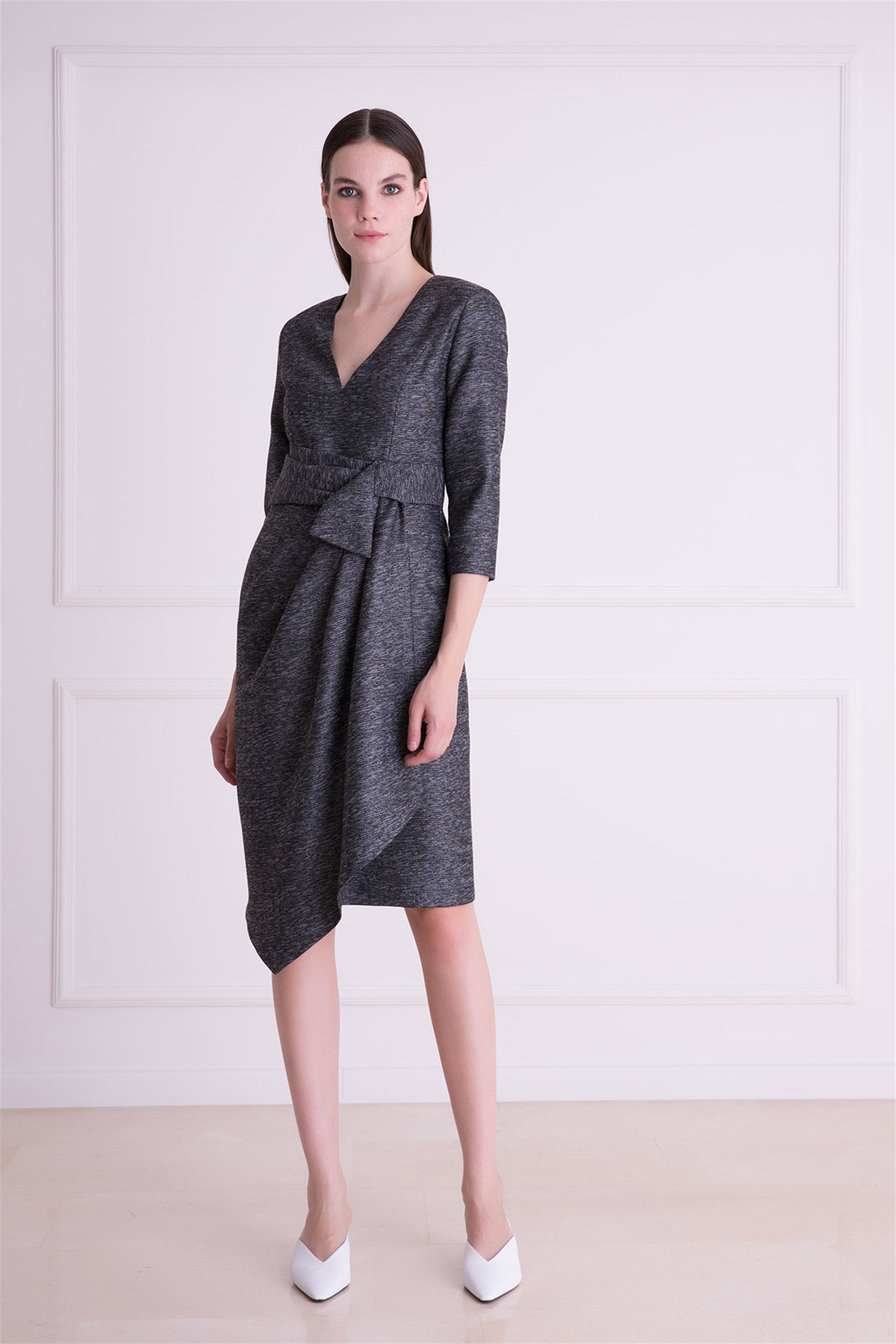Collar Asymmetrical Cut Anthracite Midi Dress