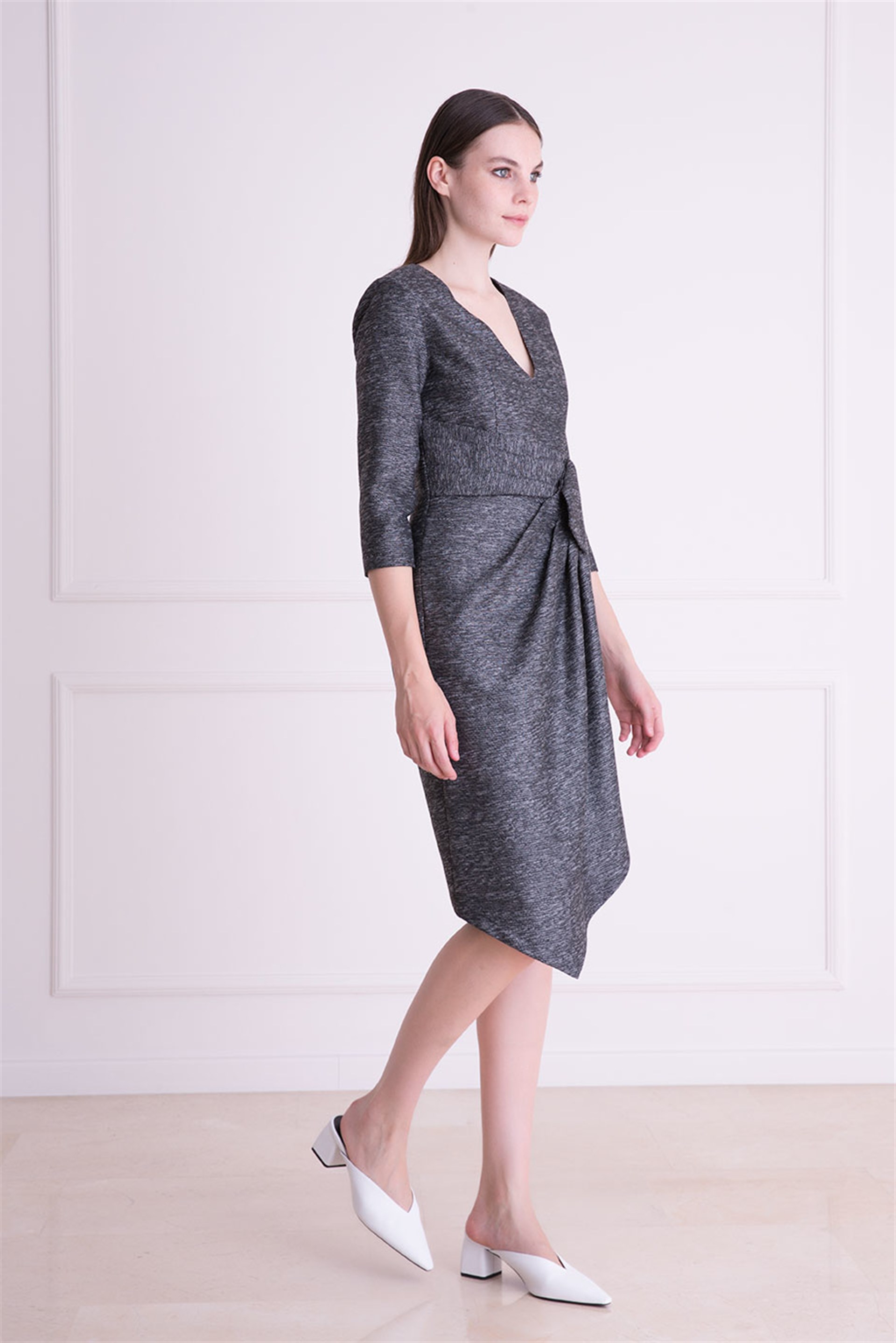 Collar Asymmetrical Cut Anthracite Midi Dress