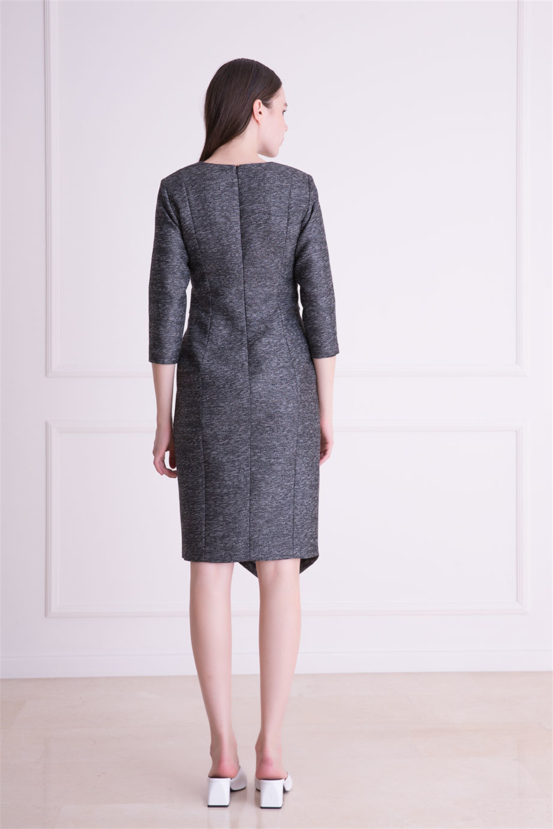 Collar Asymmetrical Cut Anthracite Midi Dress