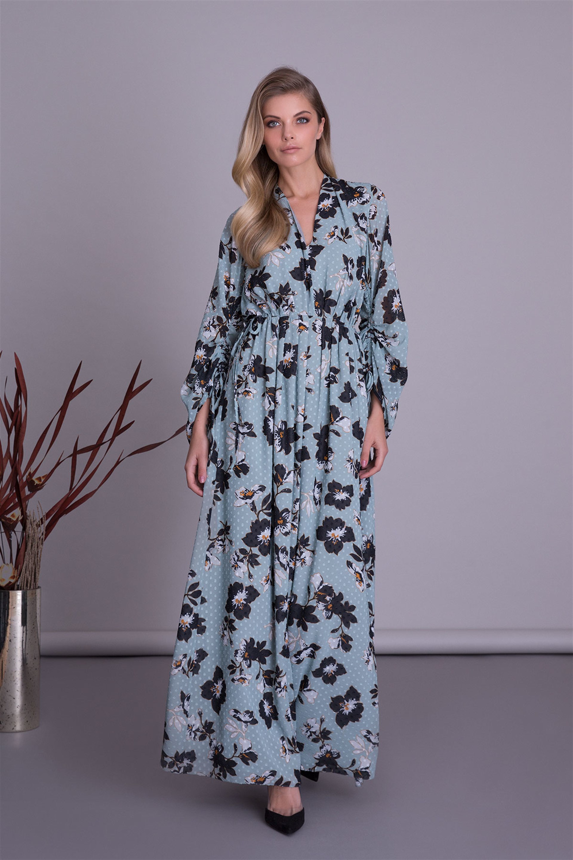 Collar Floral Patterned Blue Long Dress