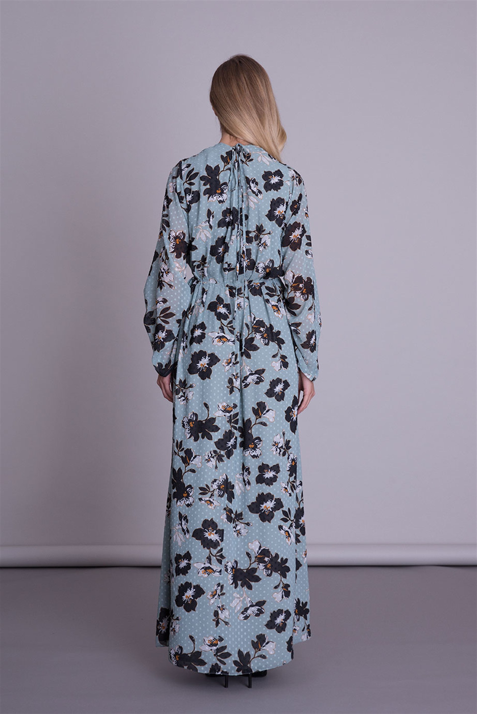 Collar Floral Patterned Blue Long Dress