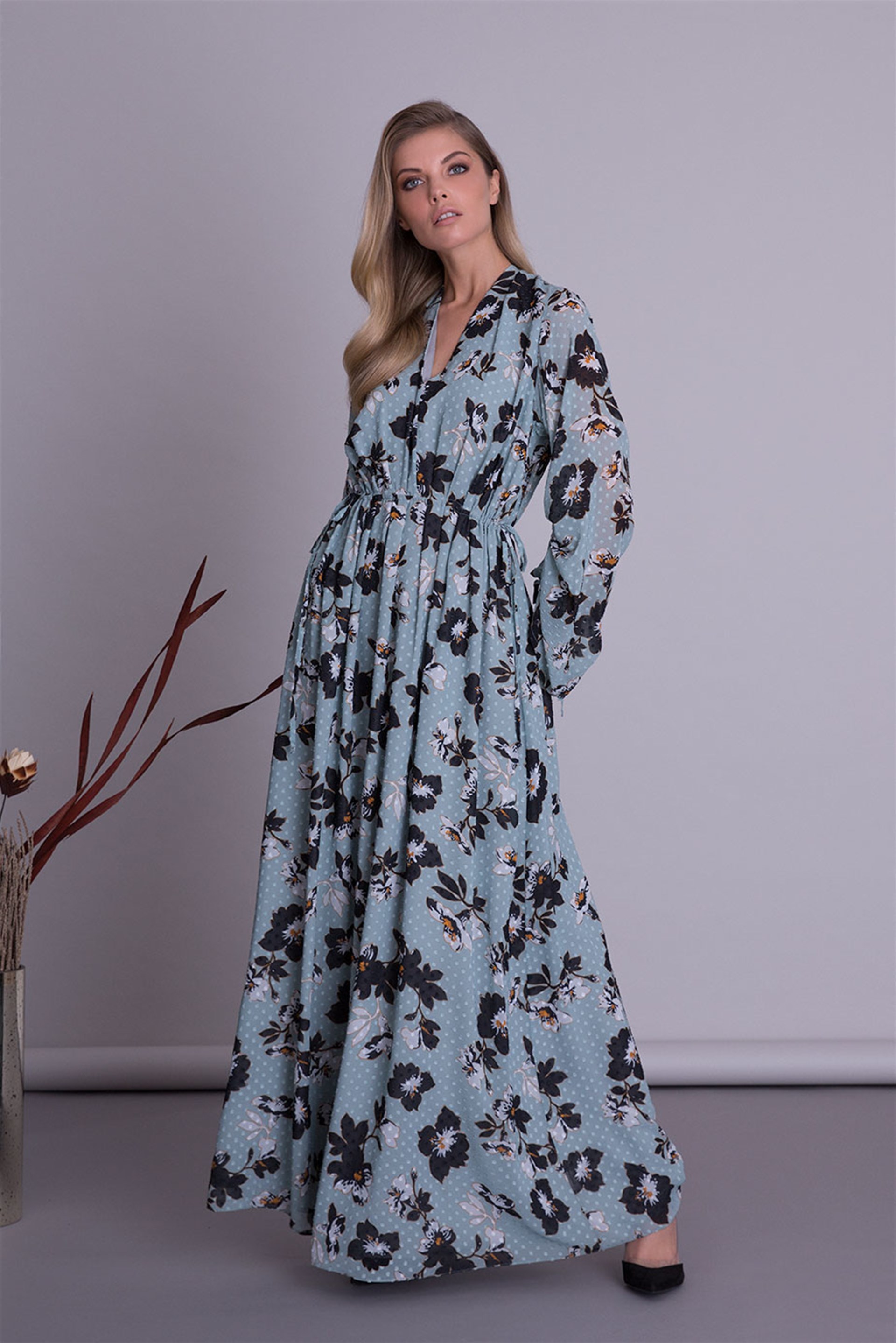 Collar Floral Patterned Blue Long Dress