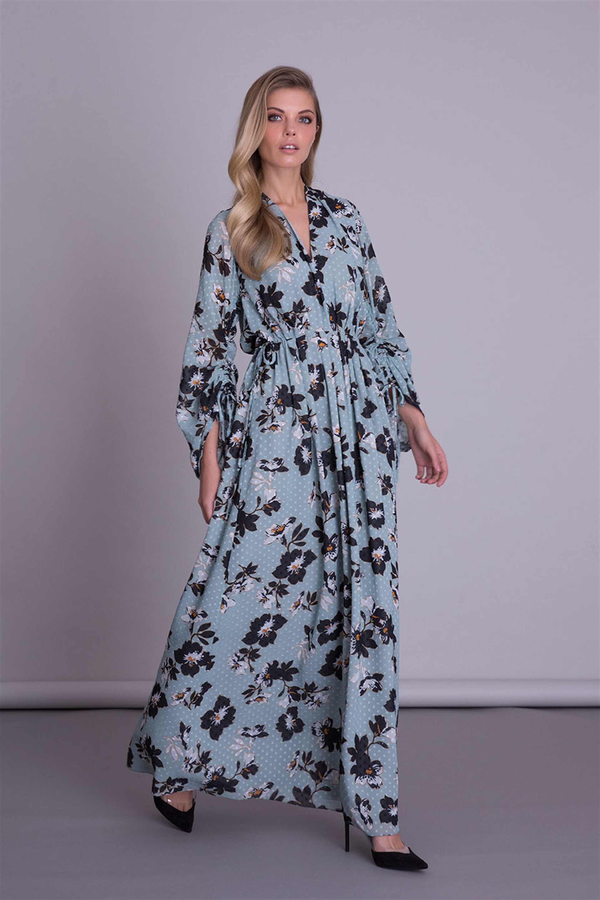 Collar Floral Patterned Blue Long Dress