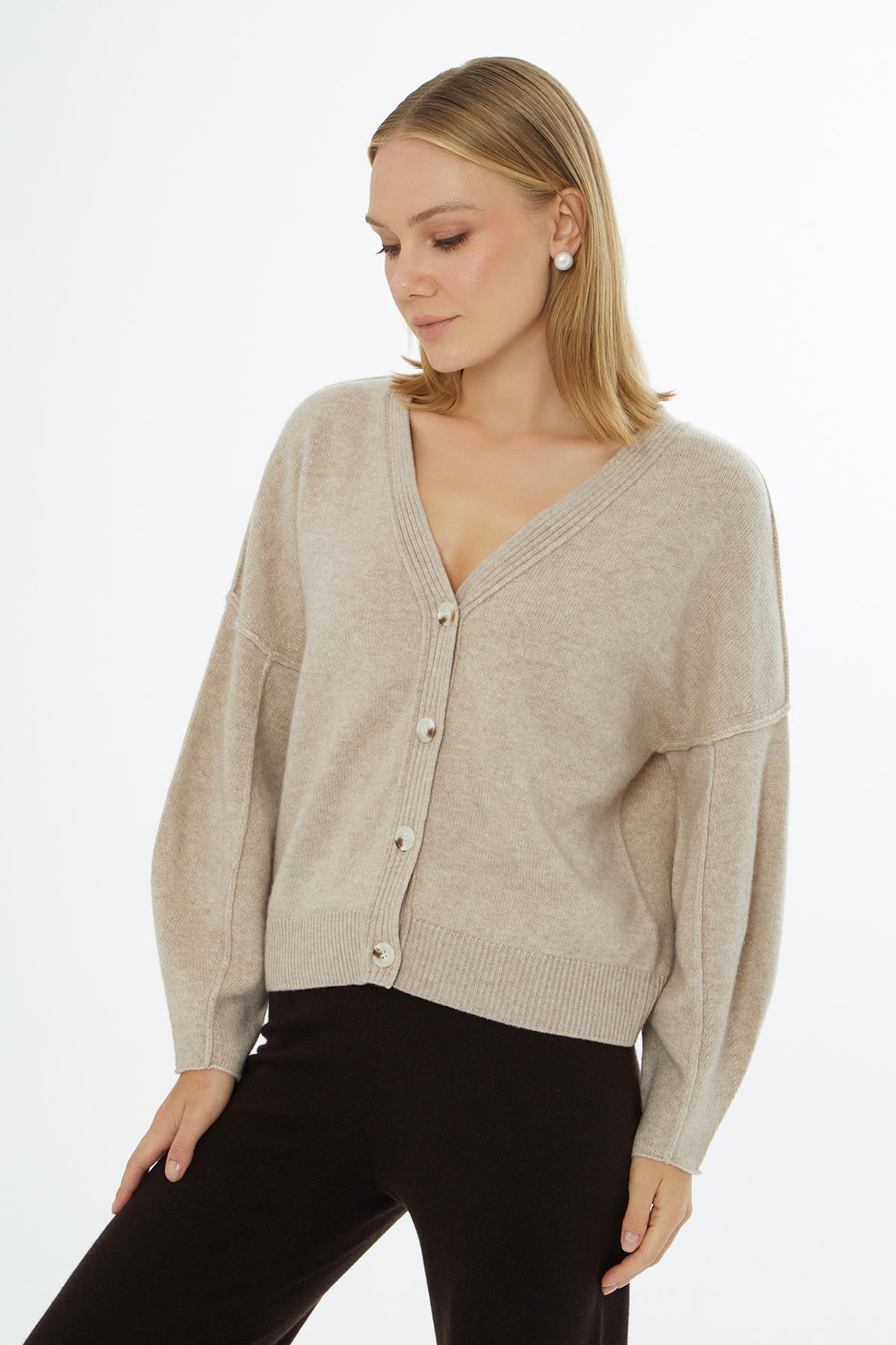 Grey Cardigan with V-Neck, Button Closure and Long Sleeves
