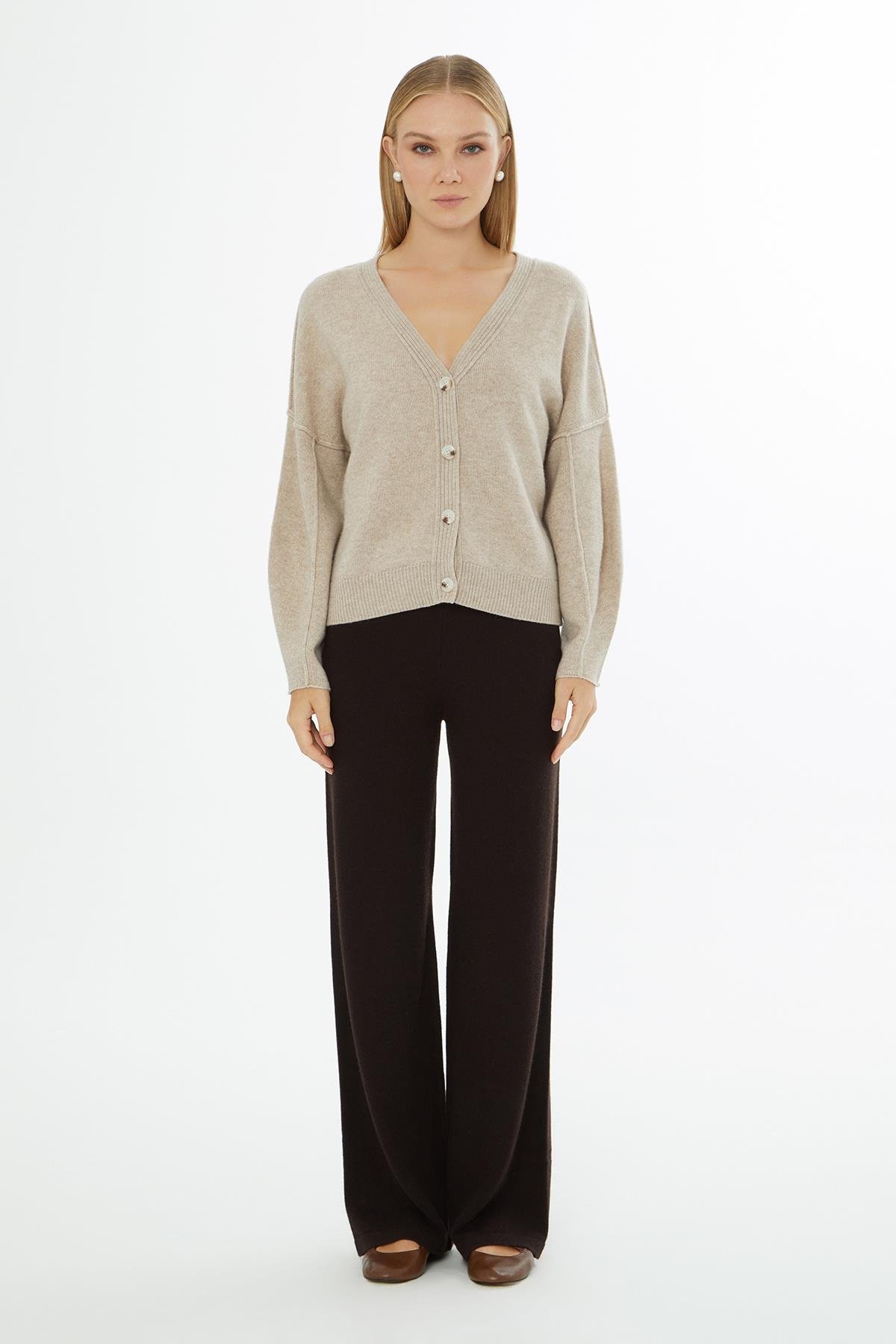 Grey Cardigan with V-Neck, Button Closure and Long Sleeves