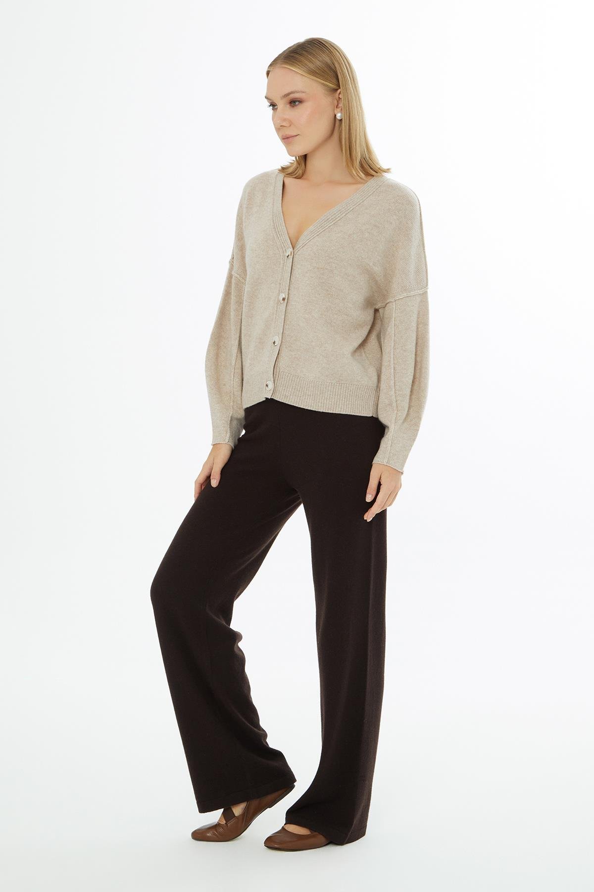 Grey Cardigan with V-Neck, Button Closure and Long Sleeves