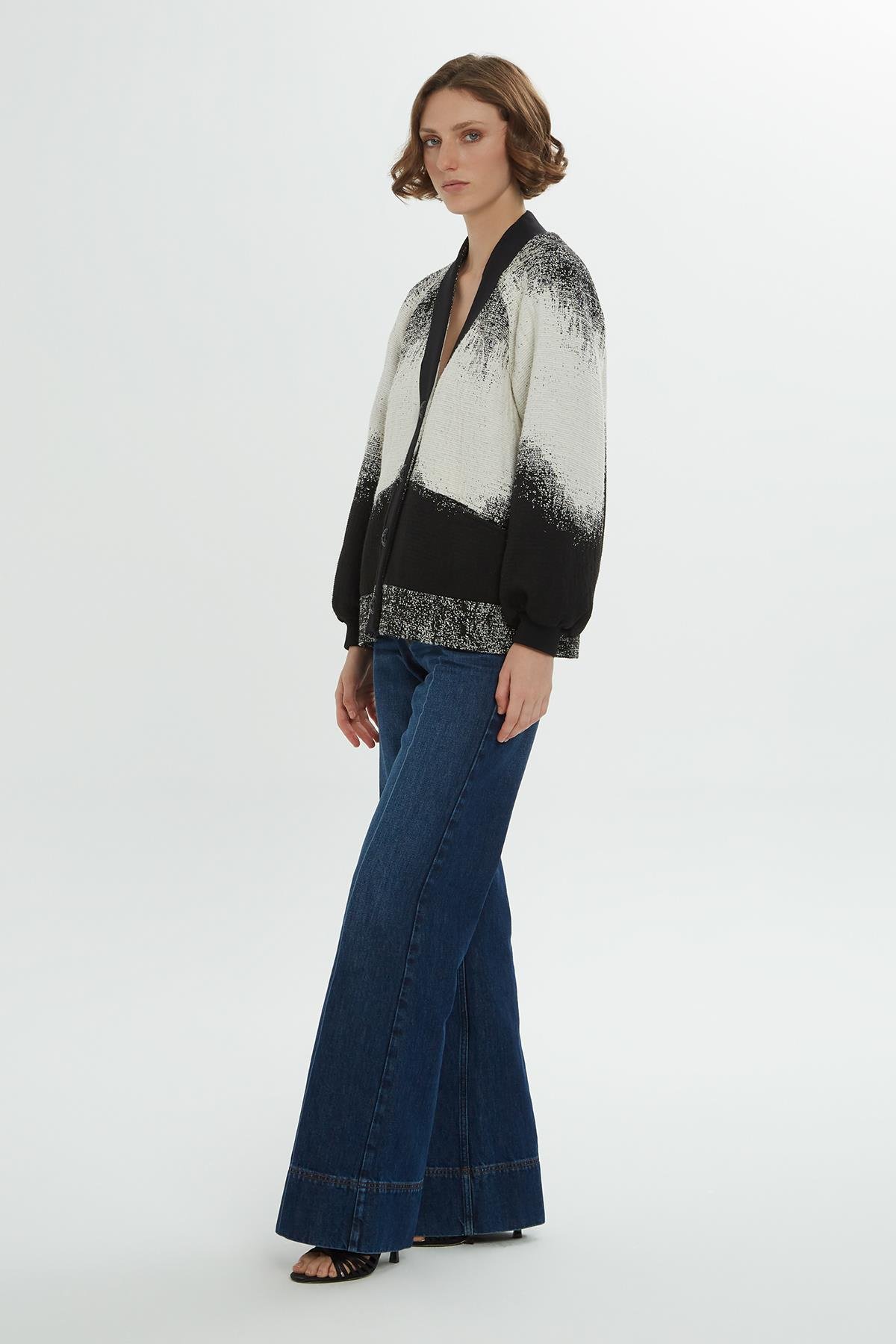 Black and White Jacket with V-Neckline Flared Sleeves and Buttons