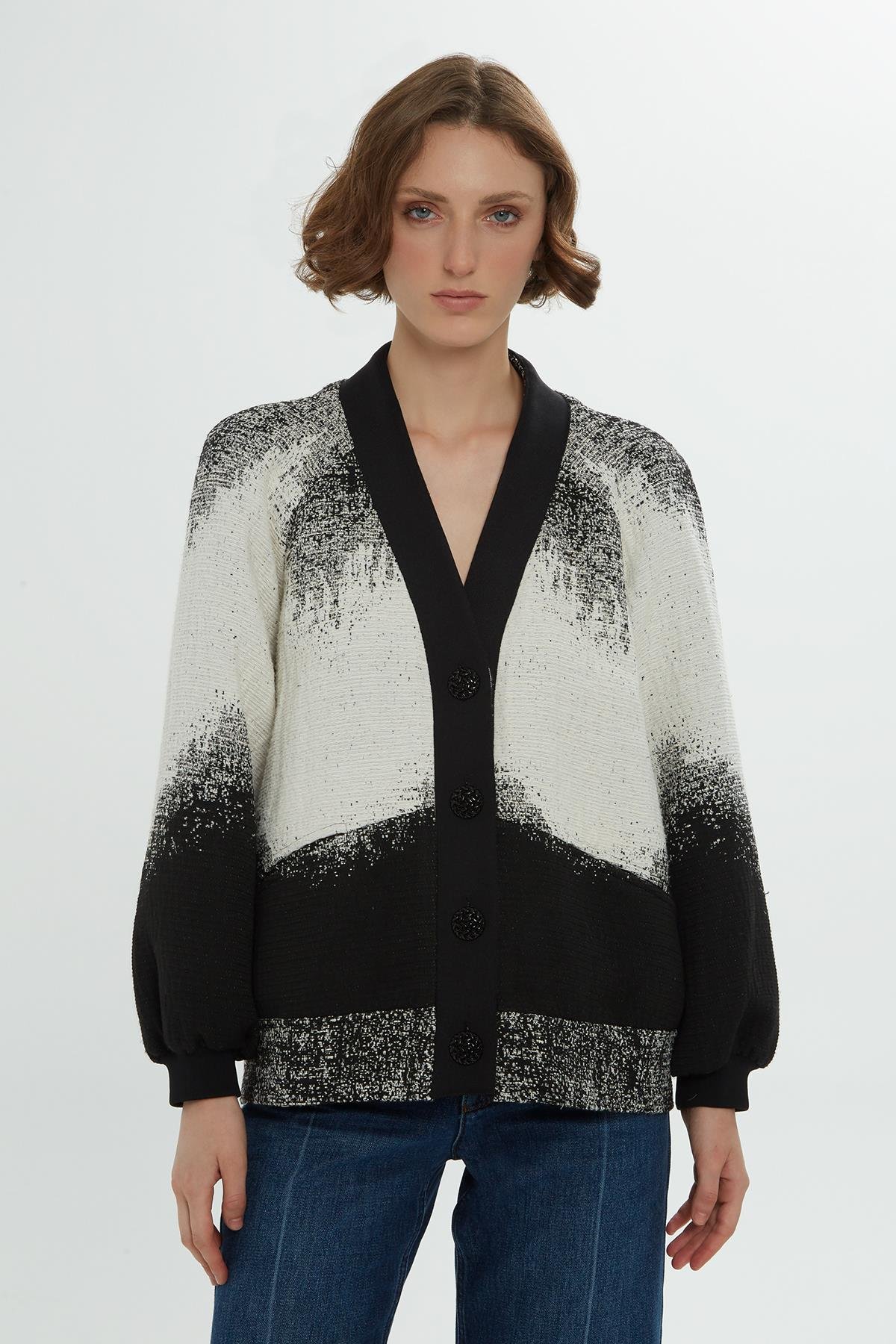 Black and White Jacket with V-Neckline Flared Sleeves and Buttons