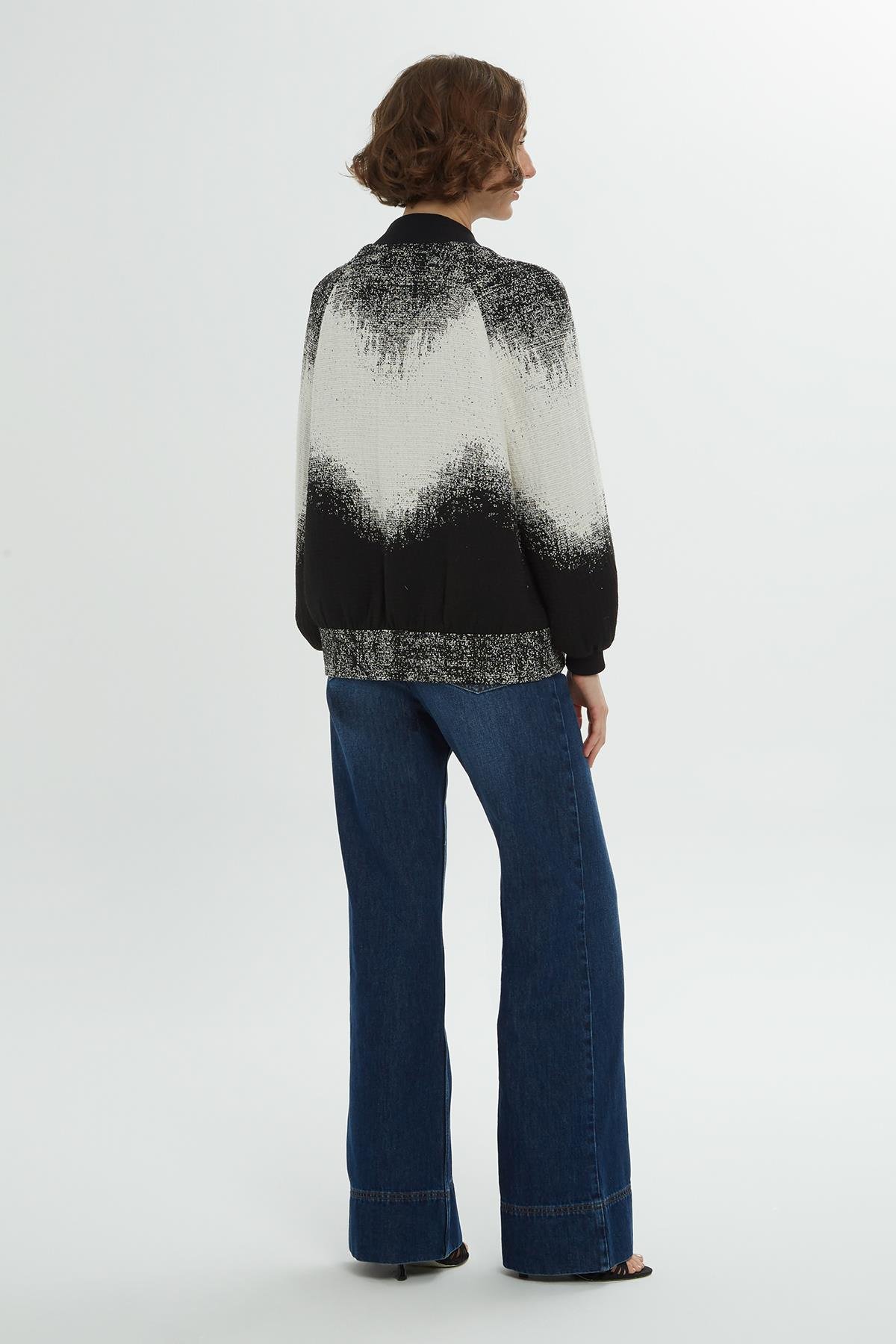 Black and White Jacket with V-Neckline Flared Sleeves and Buttons