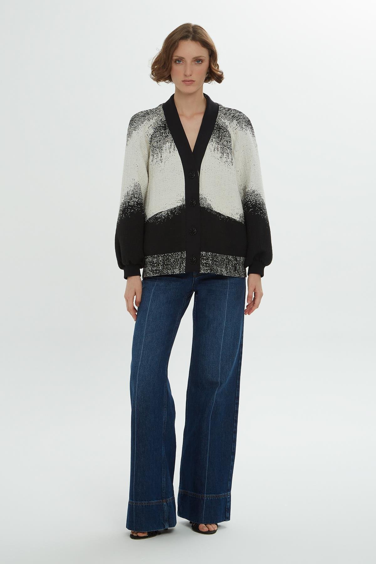 Black and White Jacket with V-Neckline Flared Sleeves and Buttons