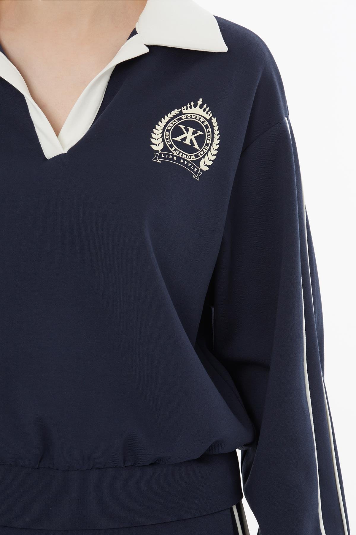 V Yaka Sweat Beli Lastikli Eşofman Lacivert Takımı