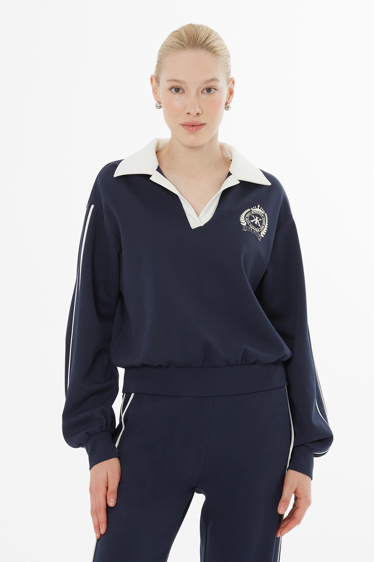 V Yaka Sweat Beli Lastikli Eşofman Lacivert Takımı