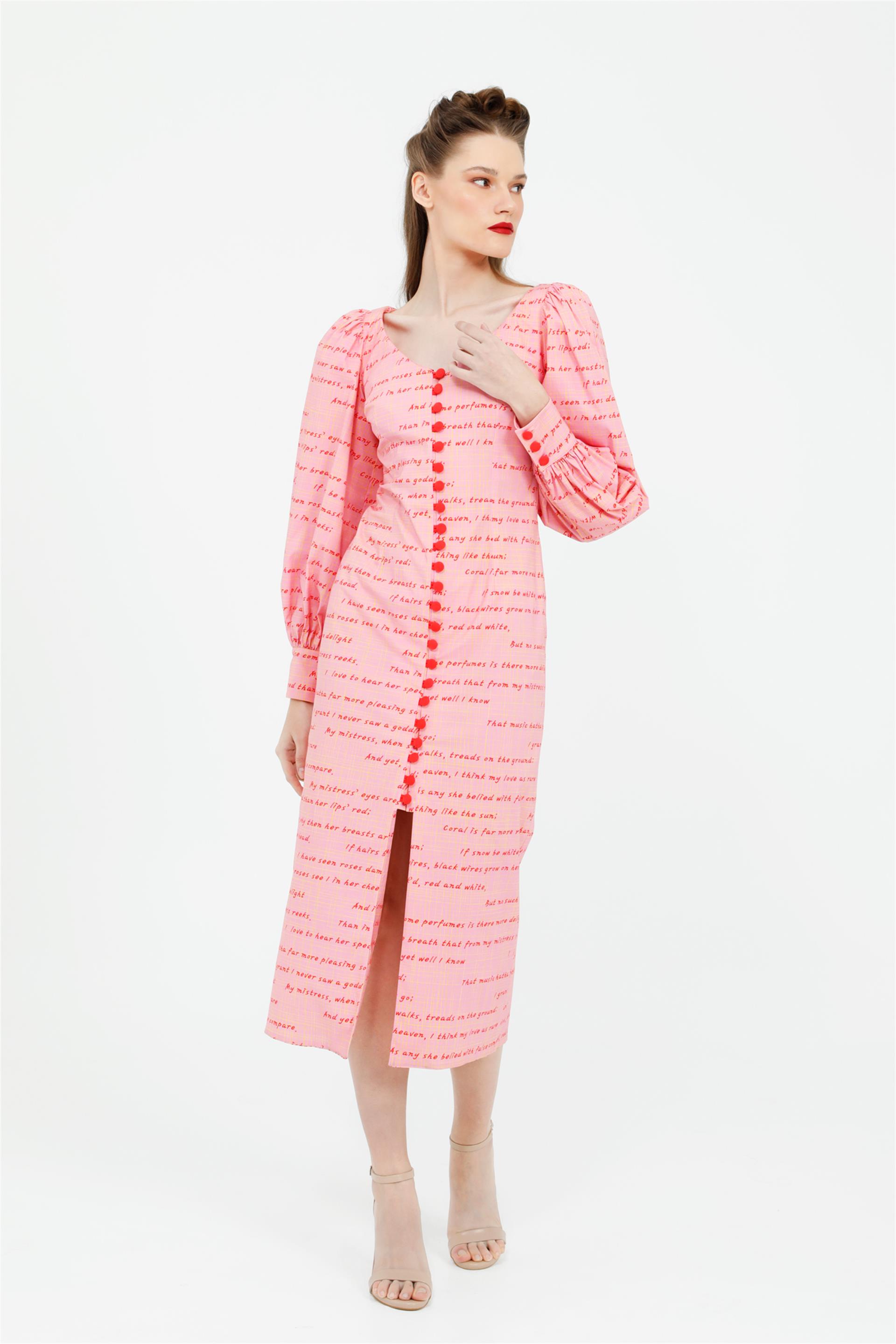 V Yakalı Yazı Desenli Midi Boy Peme Poplin Elbise